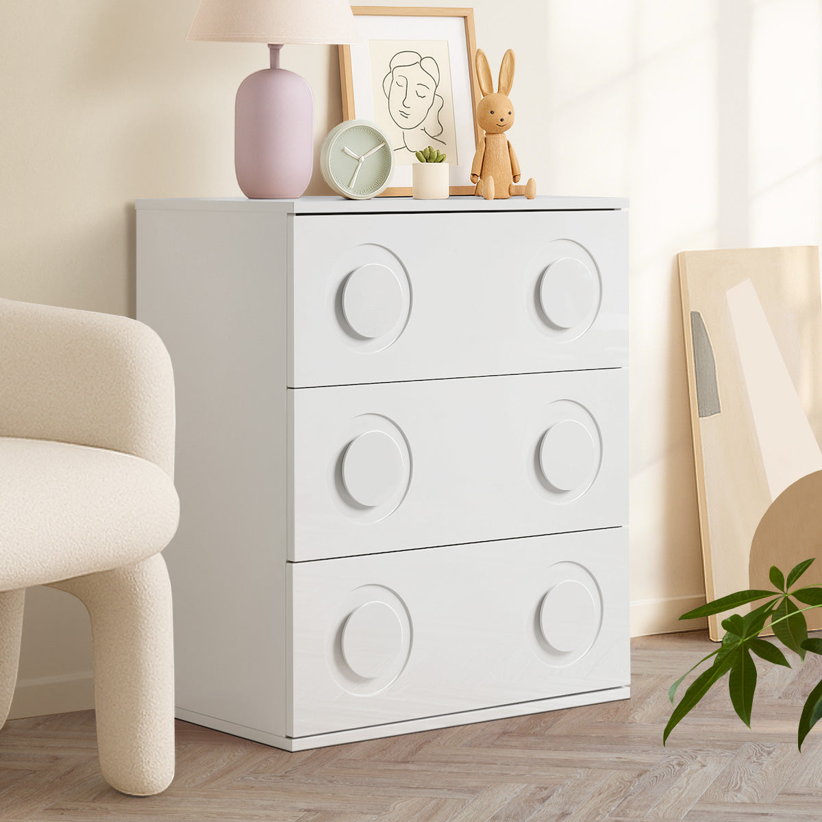 Oikiture 3 Chest of Drawers Spacious Cabinet Bedroom Dresser Nightstand White - Sunyee