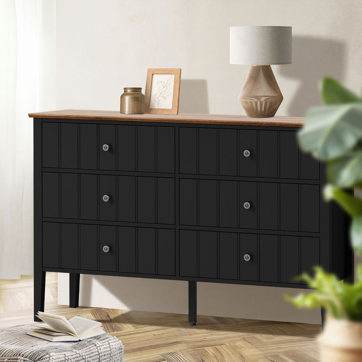 Oikiture Modern Cottage Farmhouse 6 Drawer Chest Zinc Alloy Handles Black