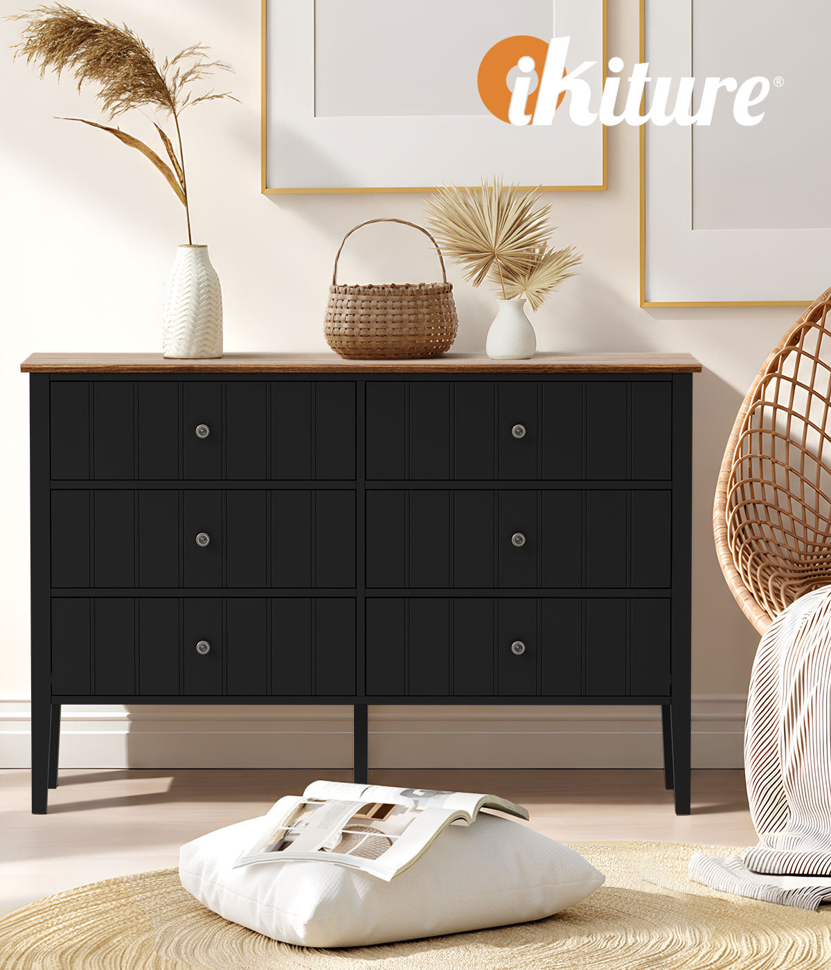 Oikiture Modern Cottage Farmhouse 6 Drawer Chest Zinc Alloy Handles Black