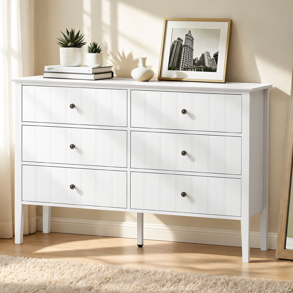 Oikiture Modern Cottage Farmhouse 6 Drawer Chest Zinc Alloy Handles White