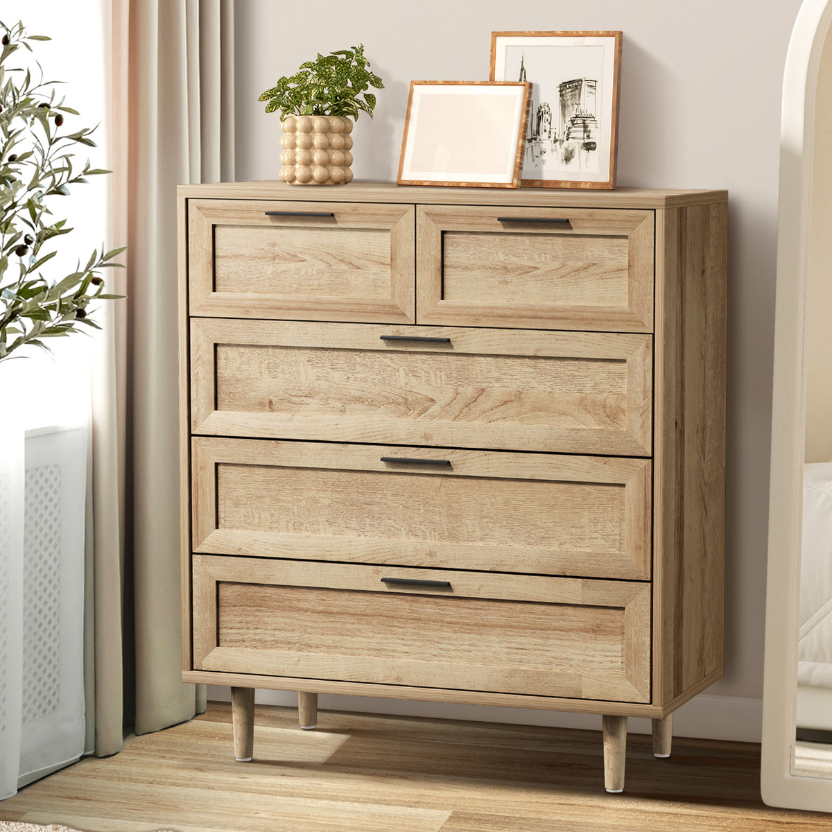 Oikiture 5 Chest of Drawers Dresser Chest Storage Cabinet Tallboy Natural - Sunyee