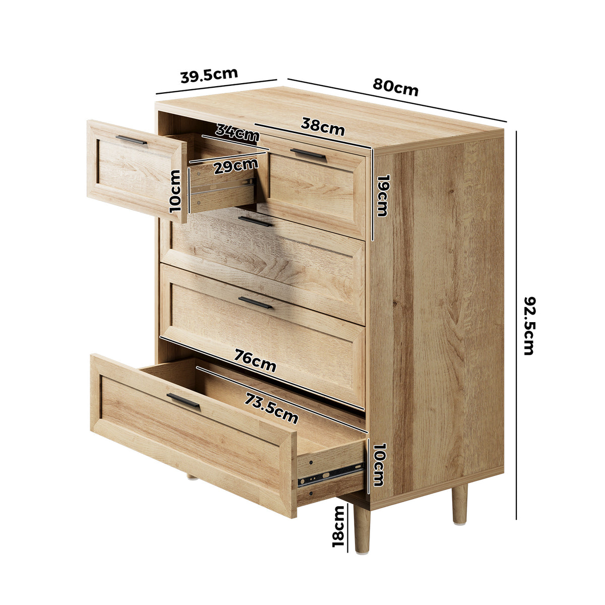 Oikiture 5 Chest of Drawers Dresser Chest Storage Cabinet Tallboy Natural - Sunyee