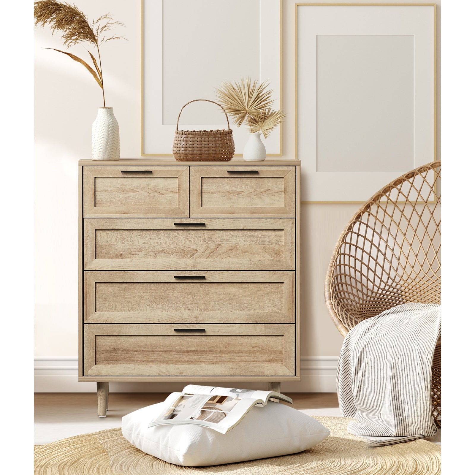 Oikiture 5 Chest of Drawers and 2 Bedside Tables Nightstand Bedroom Set Natural - Sunyee
