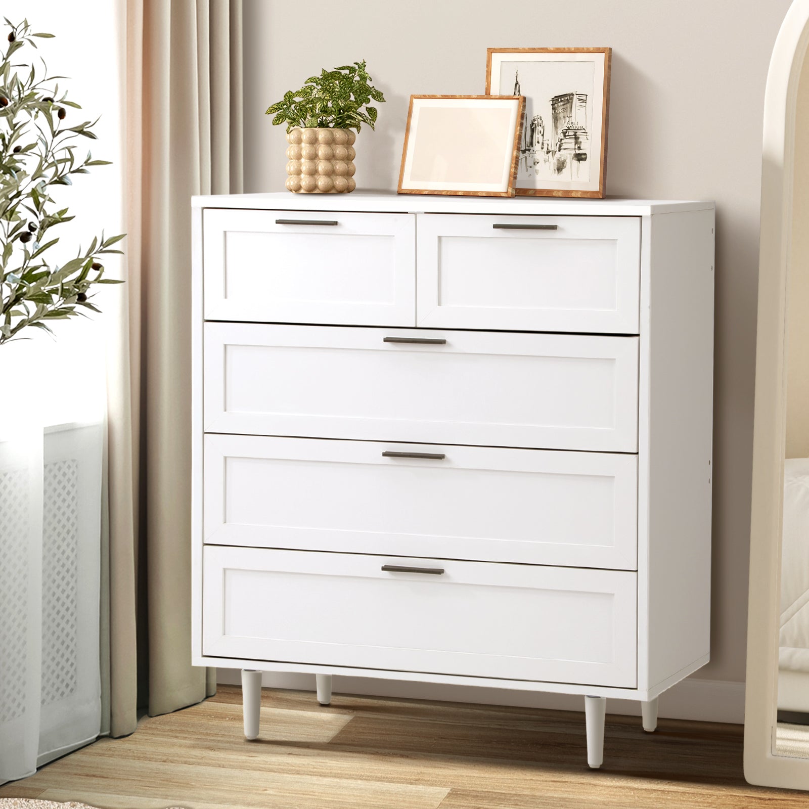 Oikiture 5 Chest of Drawers Dresser Chest Storage Cabinet Tallboy White - Sunyee