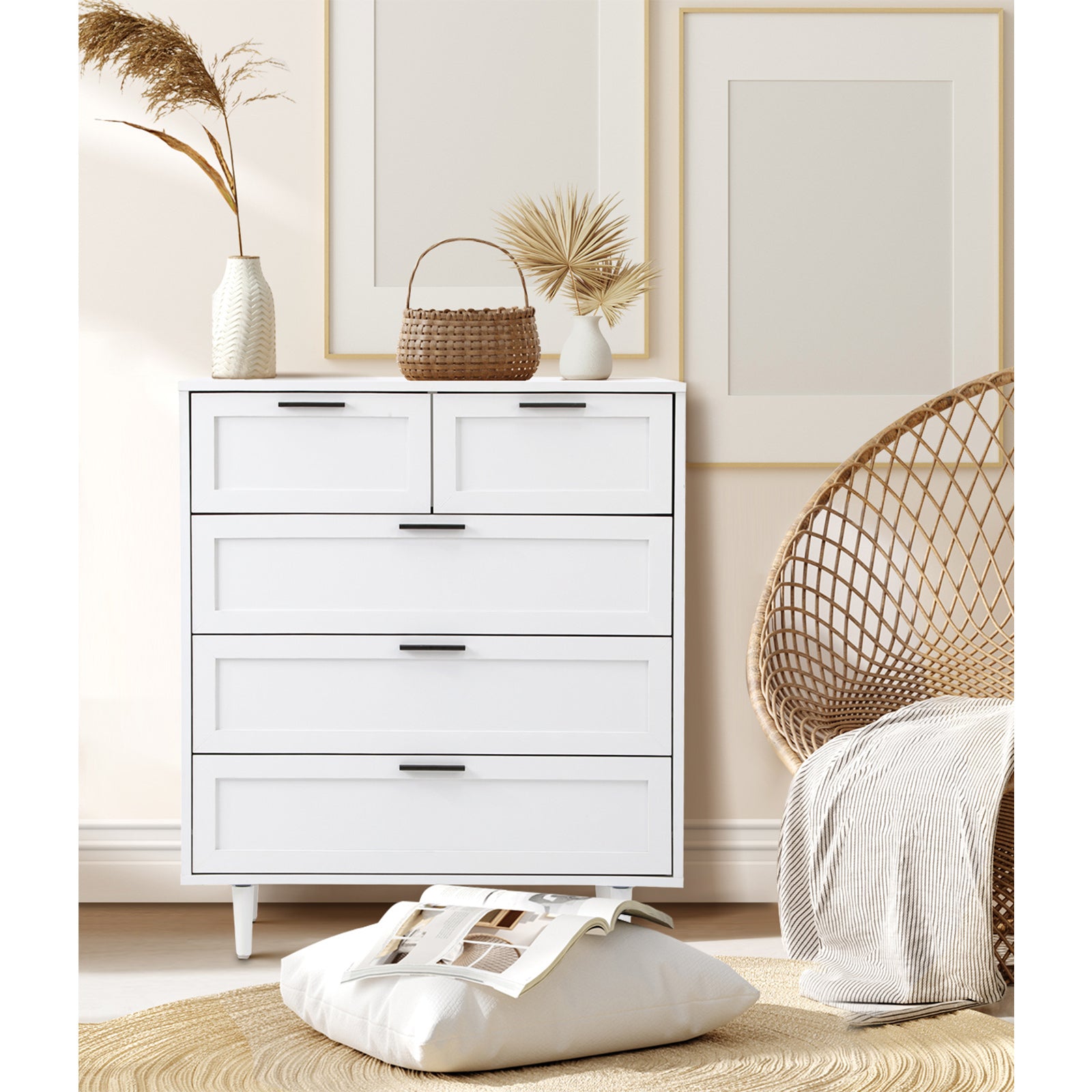 Oikiture 5 Chest of Drawers Dresser Chest Storage Cabinet Tallboy White - Sunyee