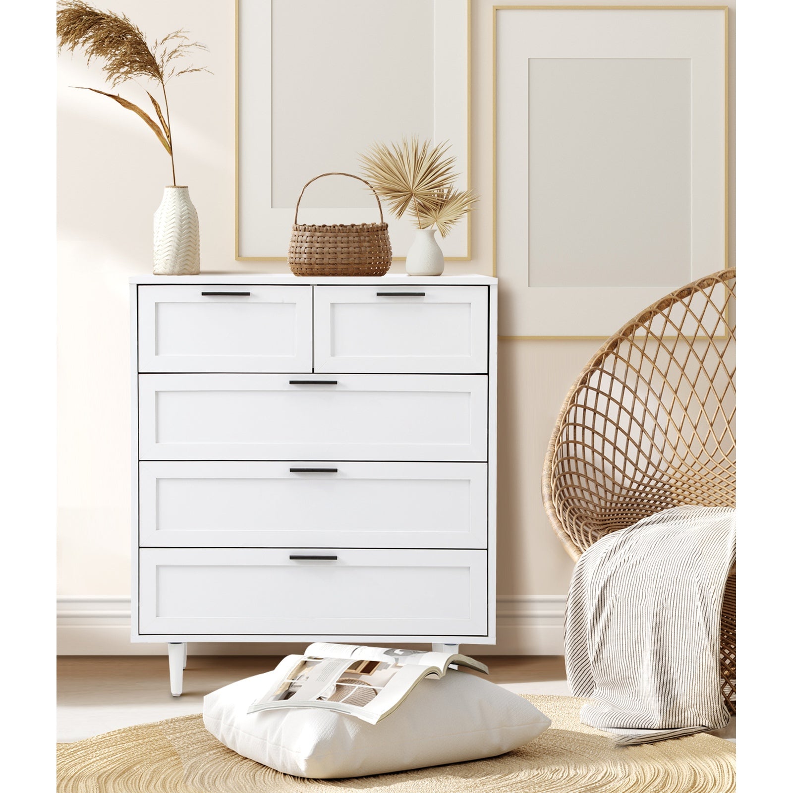 Oikiture 5 Chest of Drawers and 2 Bedside Tables Dressers Bedroom Set White - Sunyee