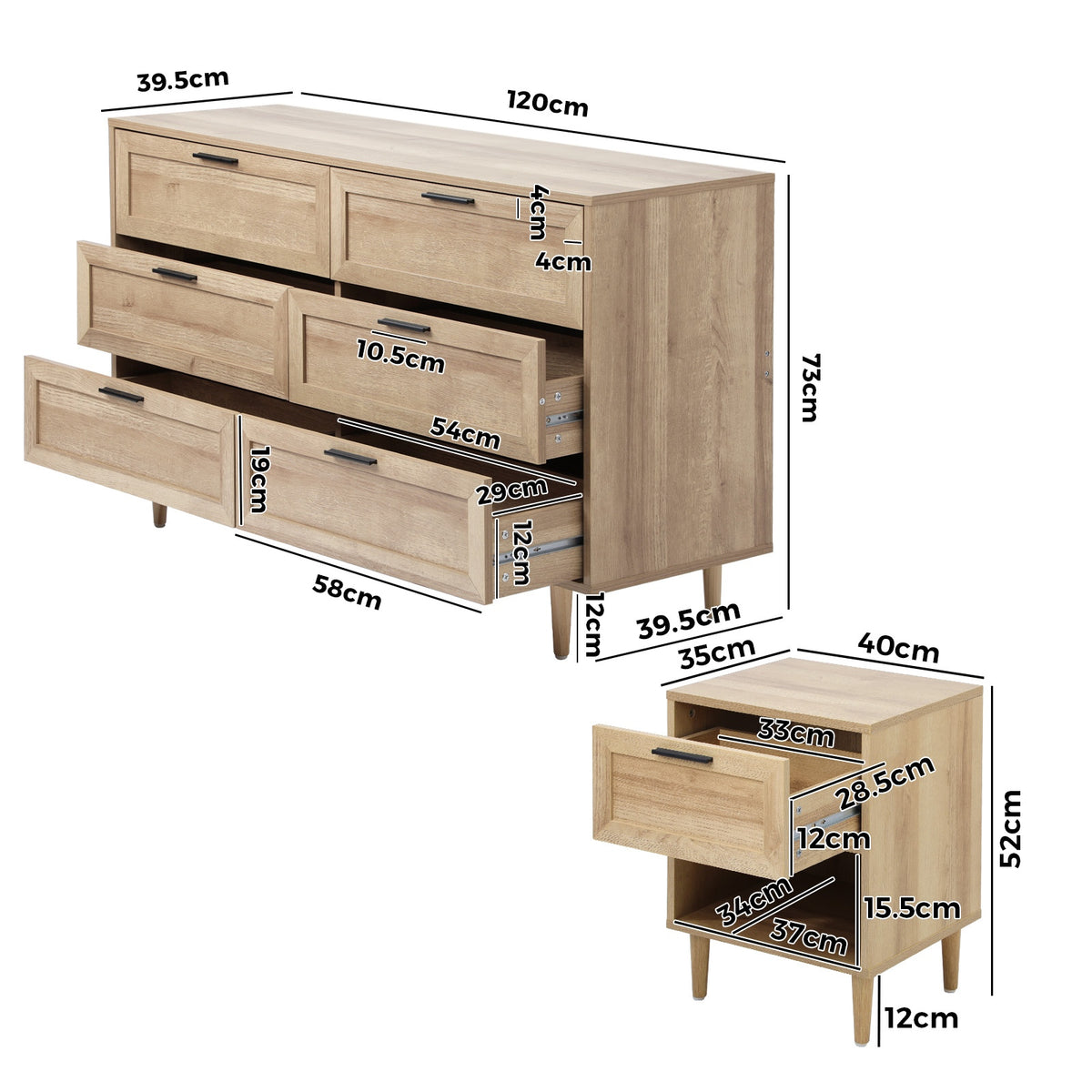 Oikiture 6 Chest of Drawers and 2 Bedside Tables Nightstands Bedroom Set - Sunyee