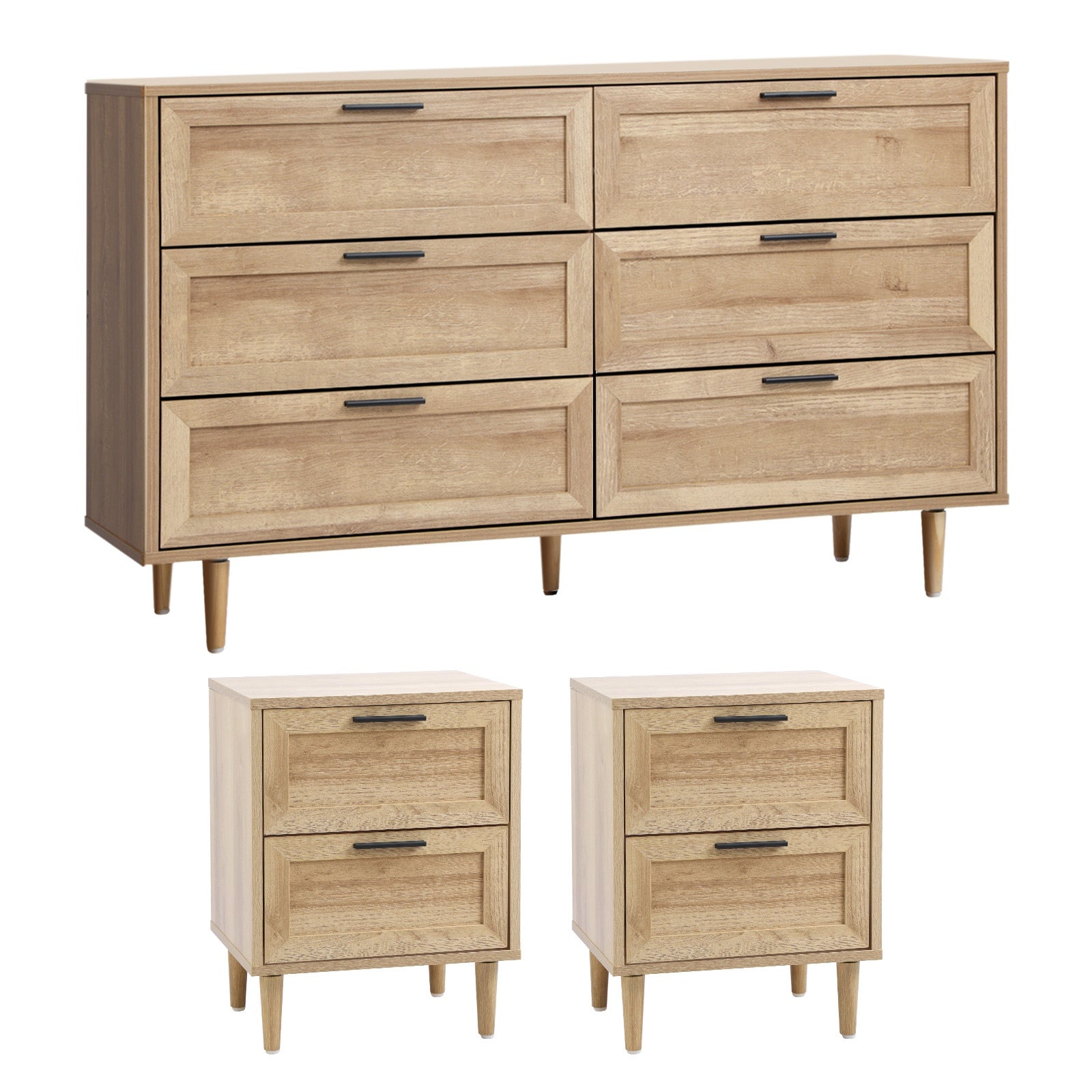 Oikiture 6 Chest of Drawers and 2 Bedside Tables Nightstand Bedroom Set Natural - Sunyee