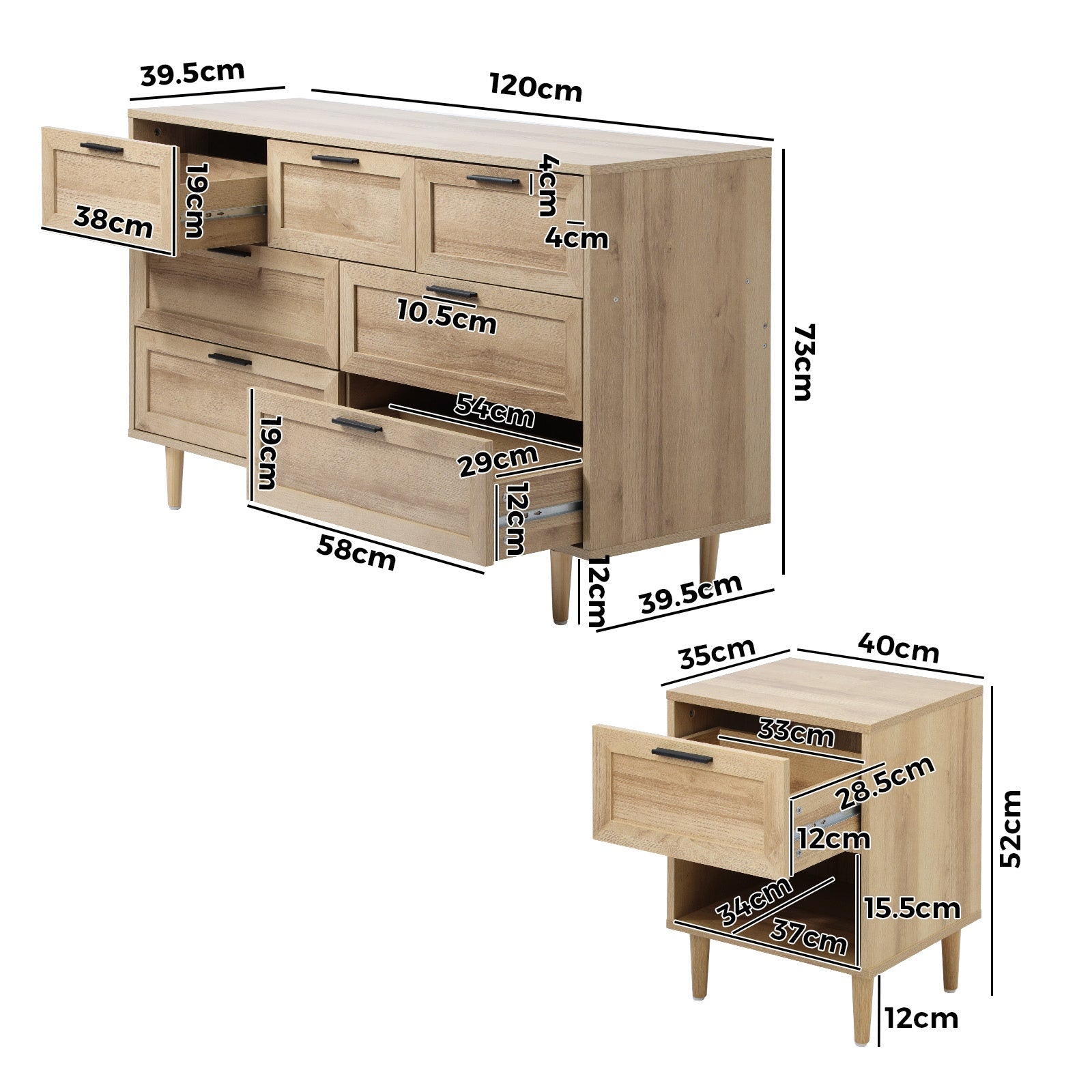 Oikiture 7 Chest of Drawers and 2 Bedside Tables Nightstands Bedroom Set - Sunyee