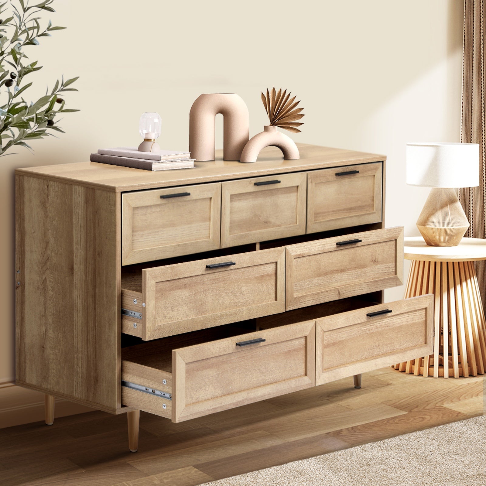 Oikiture 7 Chest of Drawers and 2 Bedside Tables Nightstand Bedroom Set Natural - Sunyee