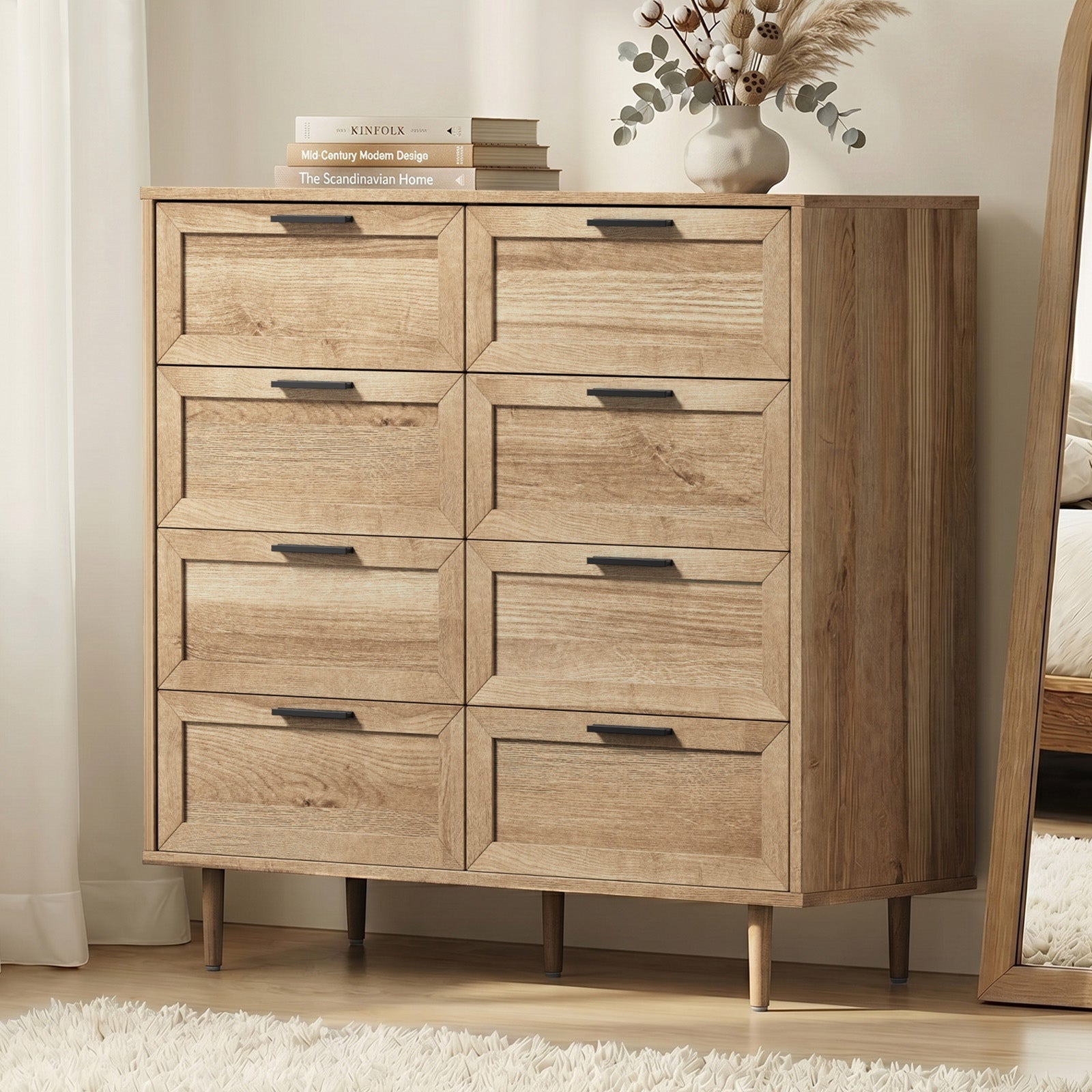 Oikiture 8 Chest of Drawers Dresser Chest Storage Cabinet Tallboy Natural