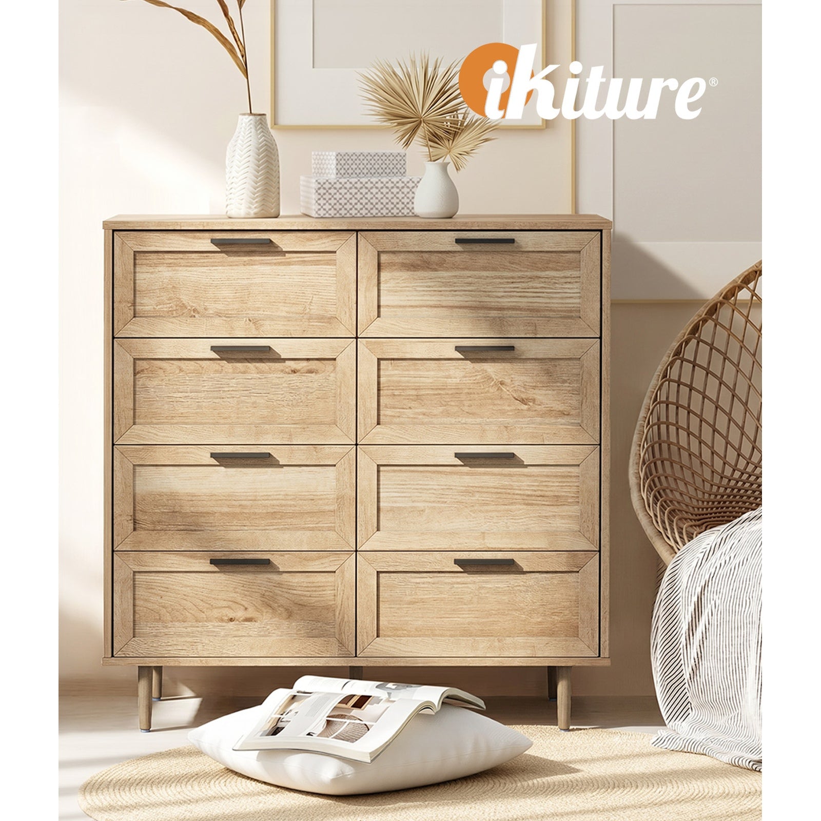 Oikiture 8 Chest of Drawers Dresser Chest Storage Cabinet Tallboy Natural