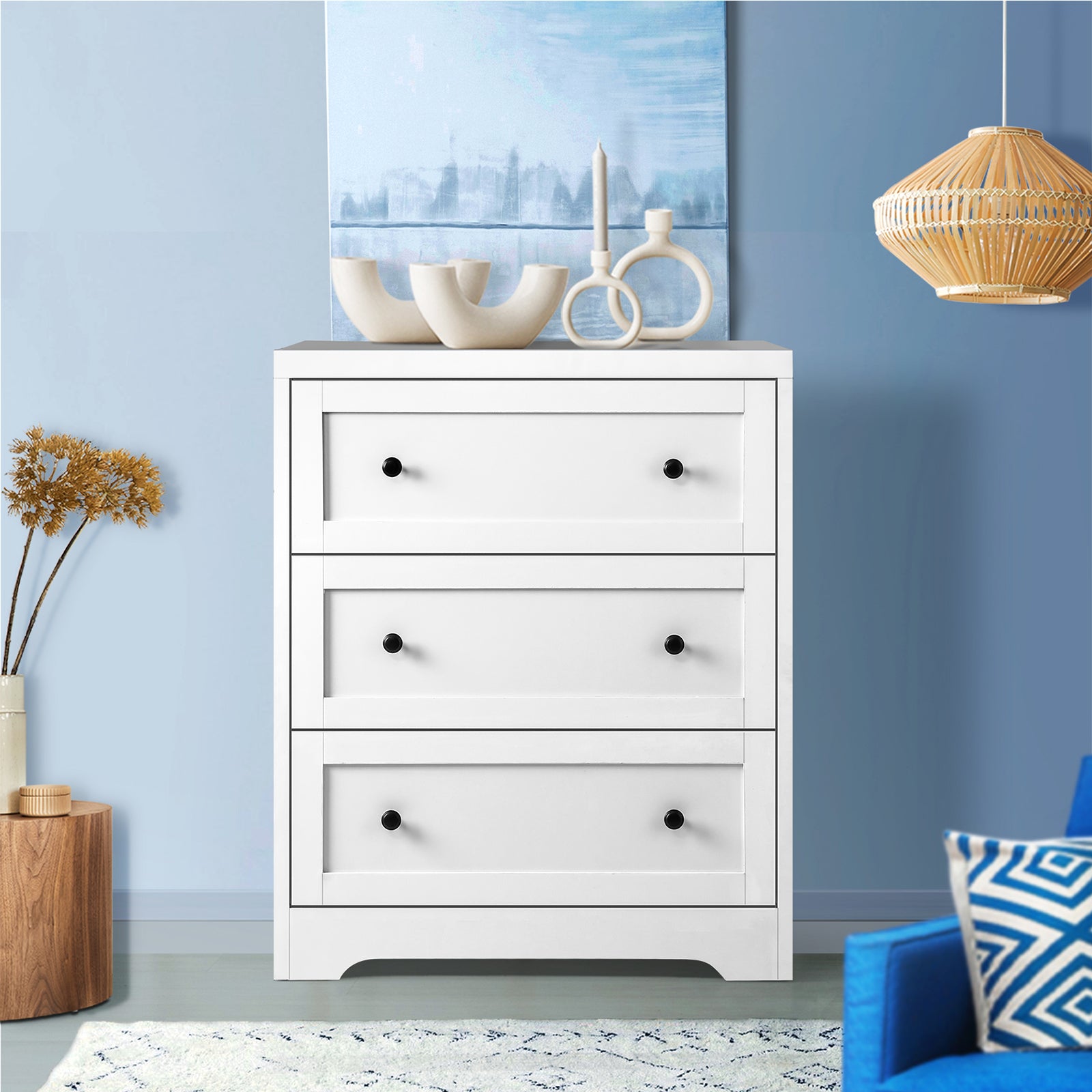 Oikiture 3 Chest of Drawers Tallboy Cabinet Bedside Table Hamptons Furniture - Sunyee