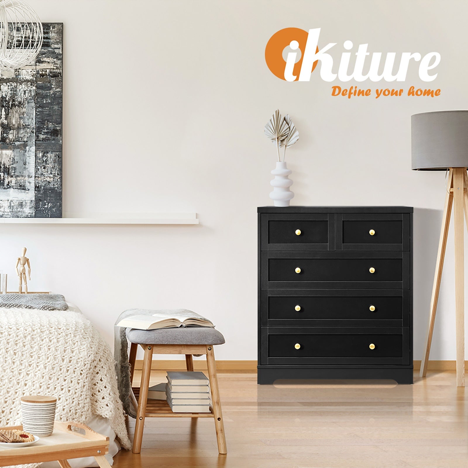 Oikiture 5 Chest of Drawers Tallboy Dresser Table Storage Cabinet Black - Sunyee