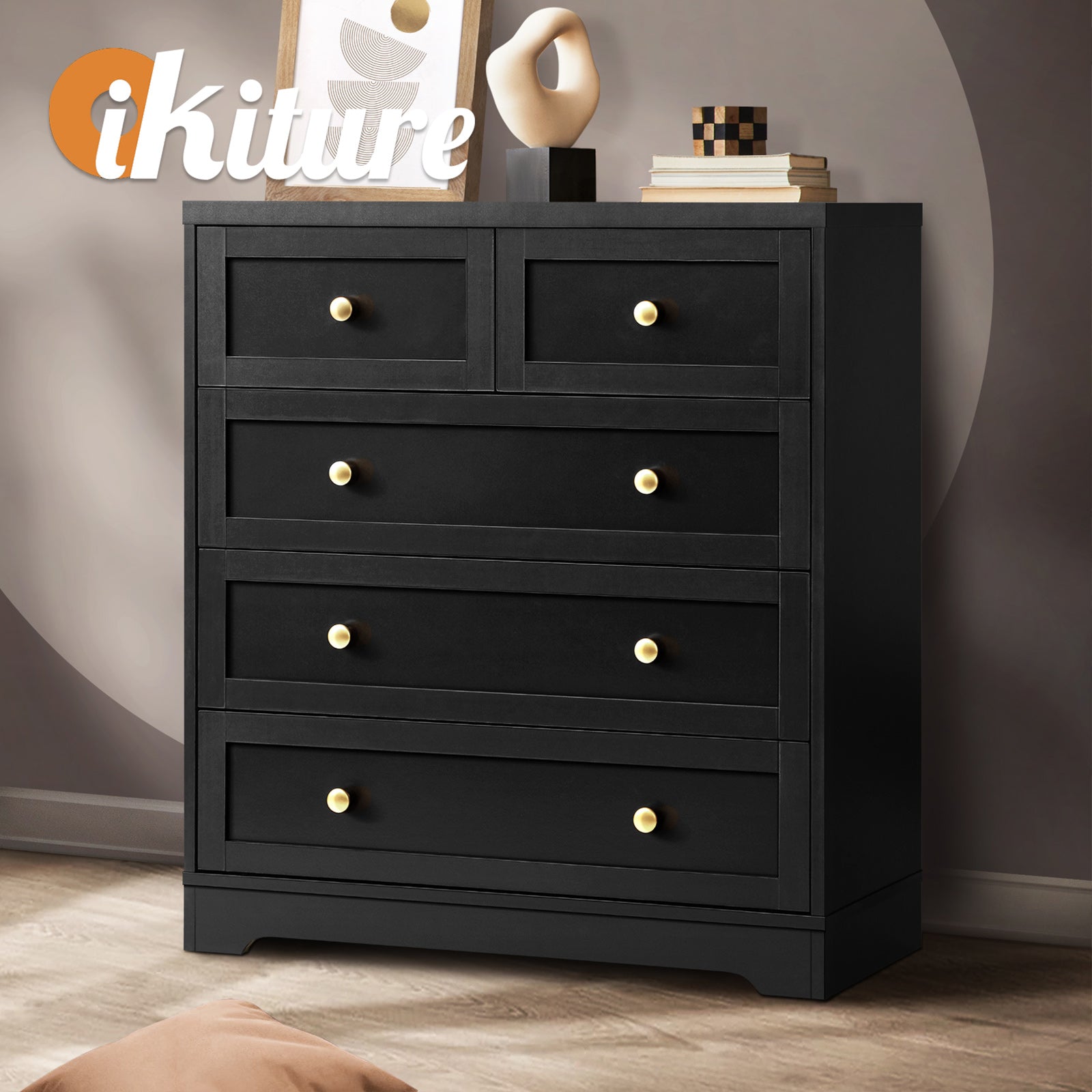 Oikiture 5 Chest of Drawers Tallboy Dresser Table Storage Cabinet Black - Sunyee