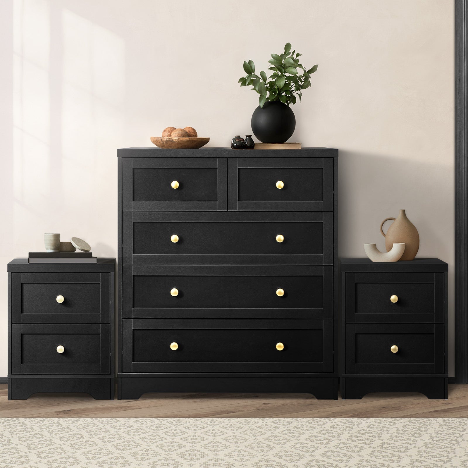 Oikiture 5 Chest of Drawers and 2 Bedside Tables Hamptons Furniture Set - Sunyee