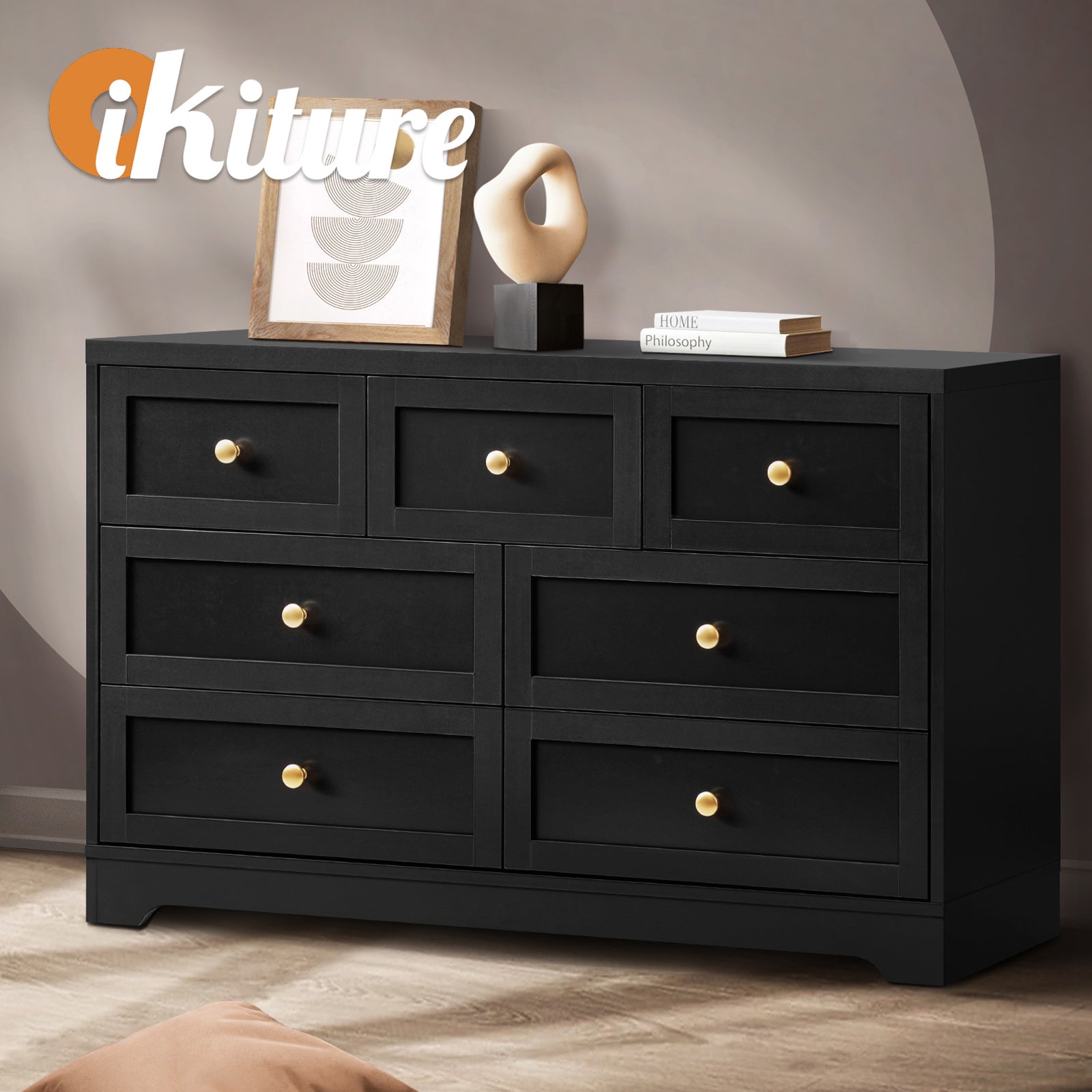 Oikiture 7 Chest of Drawers Tallboy Dresser Table Storage Cabinet Black - Sunyee
