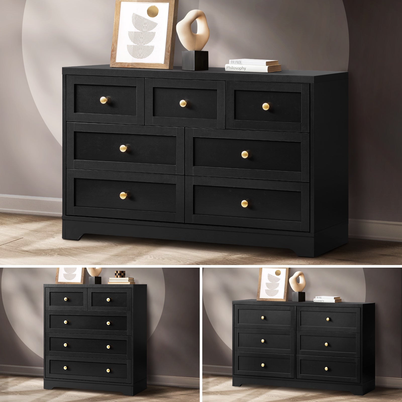 Oikiture Chest of Drawers Tallboy Dresser Table Storage Cabinet Black - Sunyee