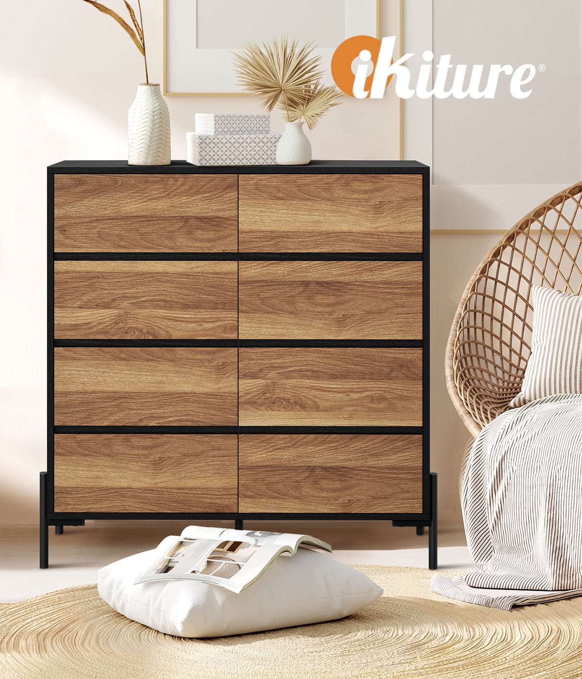 Oikiture 8 Drawer Chest Of Drawers Handle-Free Dresser Tallboy Storage Walnut