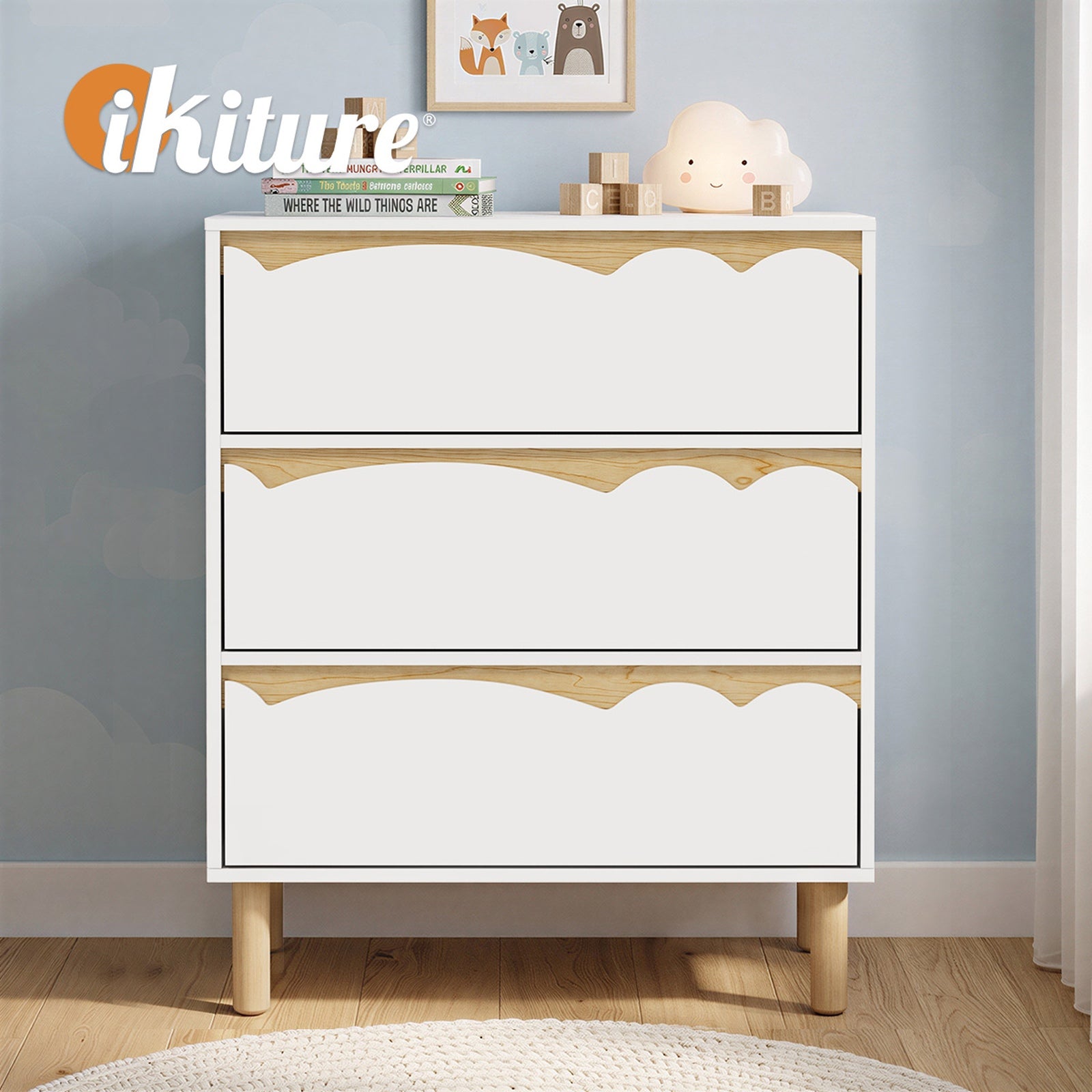 Oikiture 3 Chest Of Drawers Handle-free Dresser Kids Bedroom Storage White