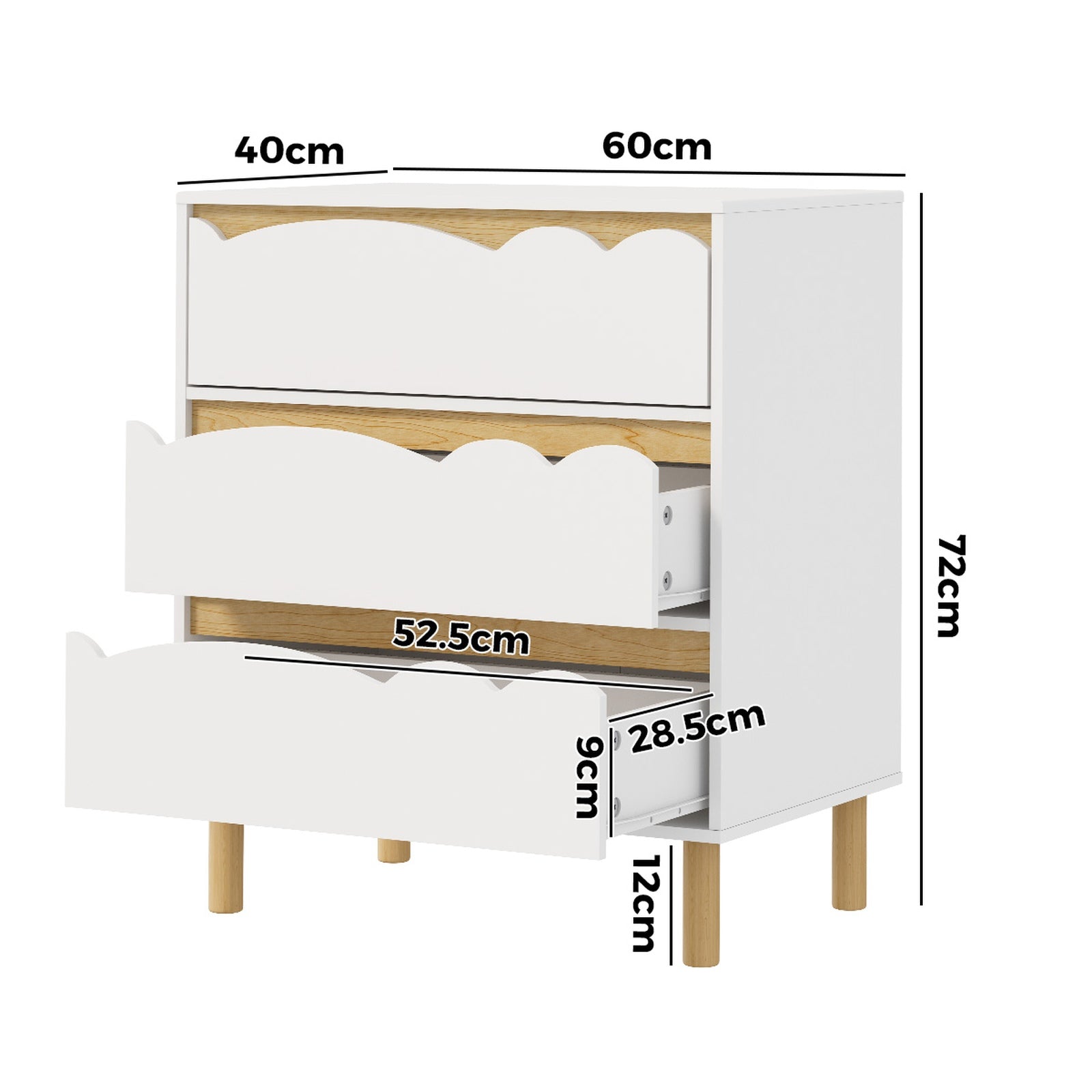 Oikiture 3 Chest Of Drawers Handle-free Dresser Kids Bedroom Storage White