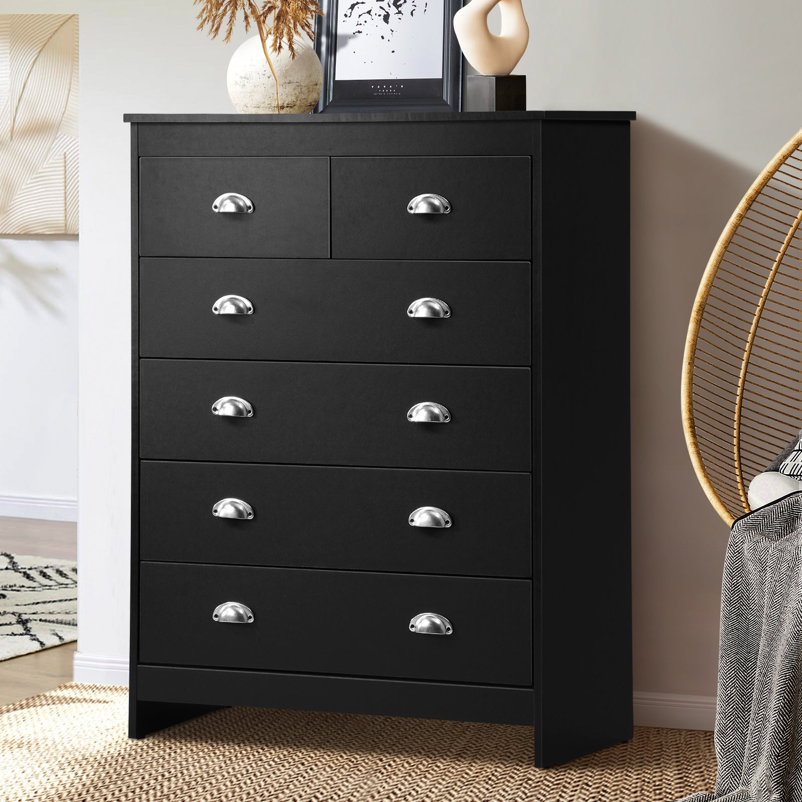 Oikiture 6 Chest of Drawers Tallboy Dresser Table Storage Cabinet Black - Sunyee