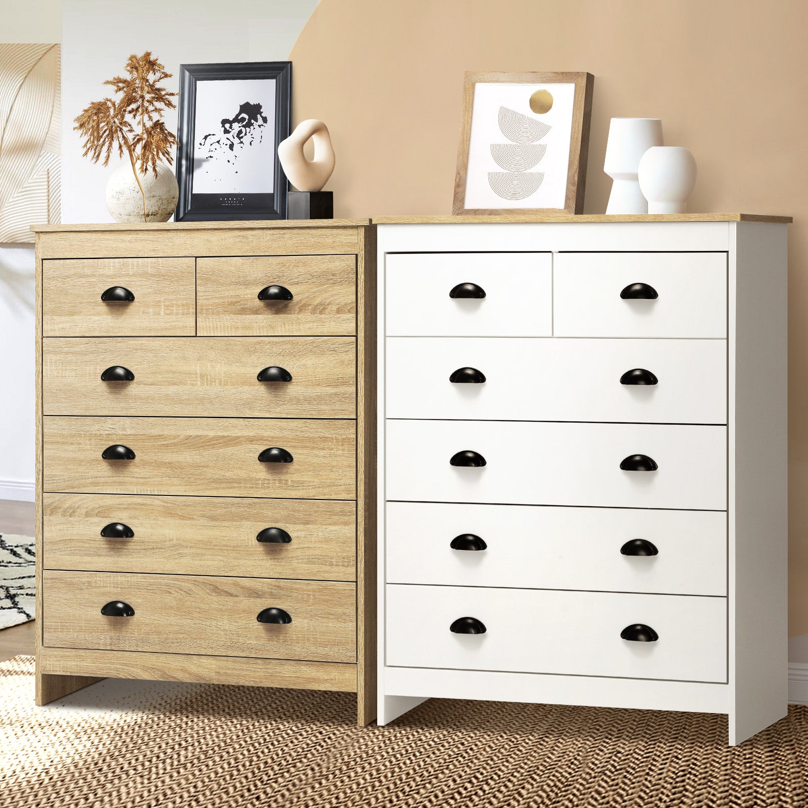 Oikiture Tallboy 6 Chest of Drawers Dresser Table Storage Cabinet Bedroom - Sunyee