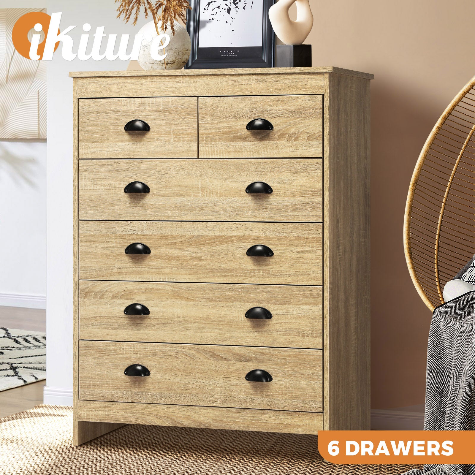 Oikiture Tallboy 6 Chest of Drawers Dresser Table Storage Cabinet Bedroom - Sunyee