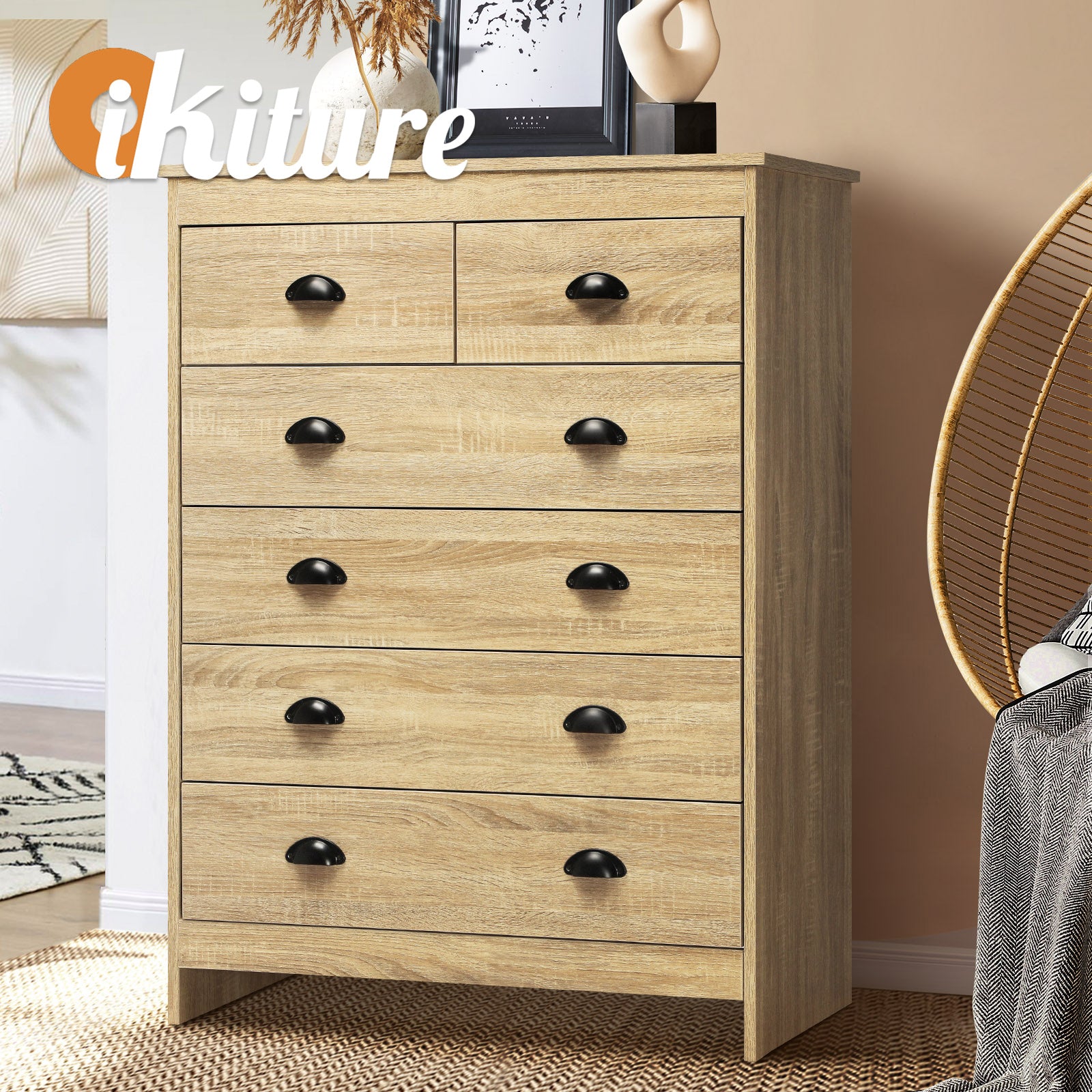 Oikiture Tallboy 6 Chest of Drawers Dresser Table Storage Cabinet Bedroom Wooden - Sunyee