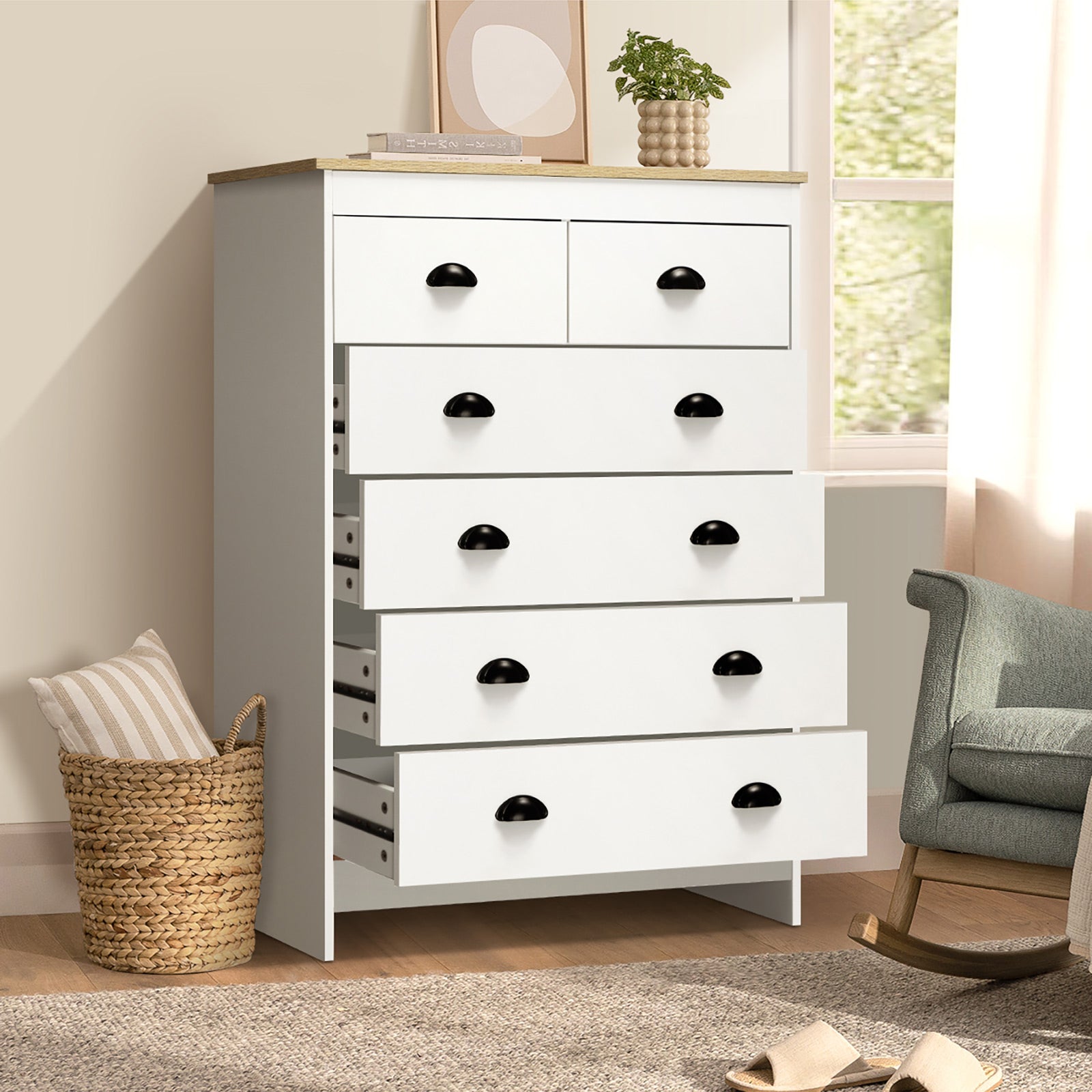 Oikiture White Chest of Drawers 6 Drawer Dresser Table Tallboy Storage Cabinet - Sunyee