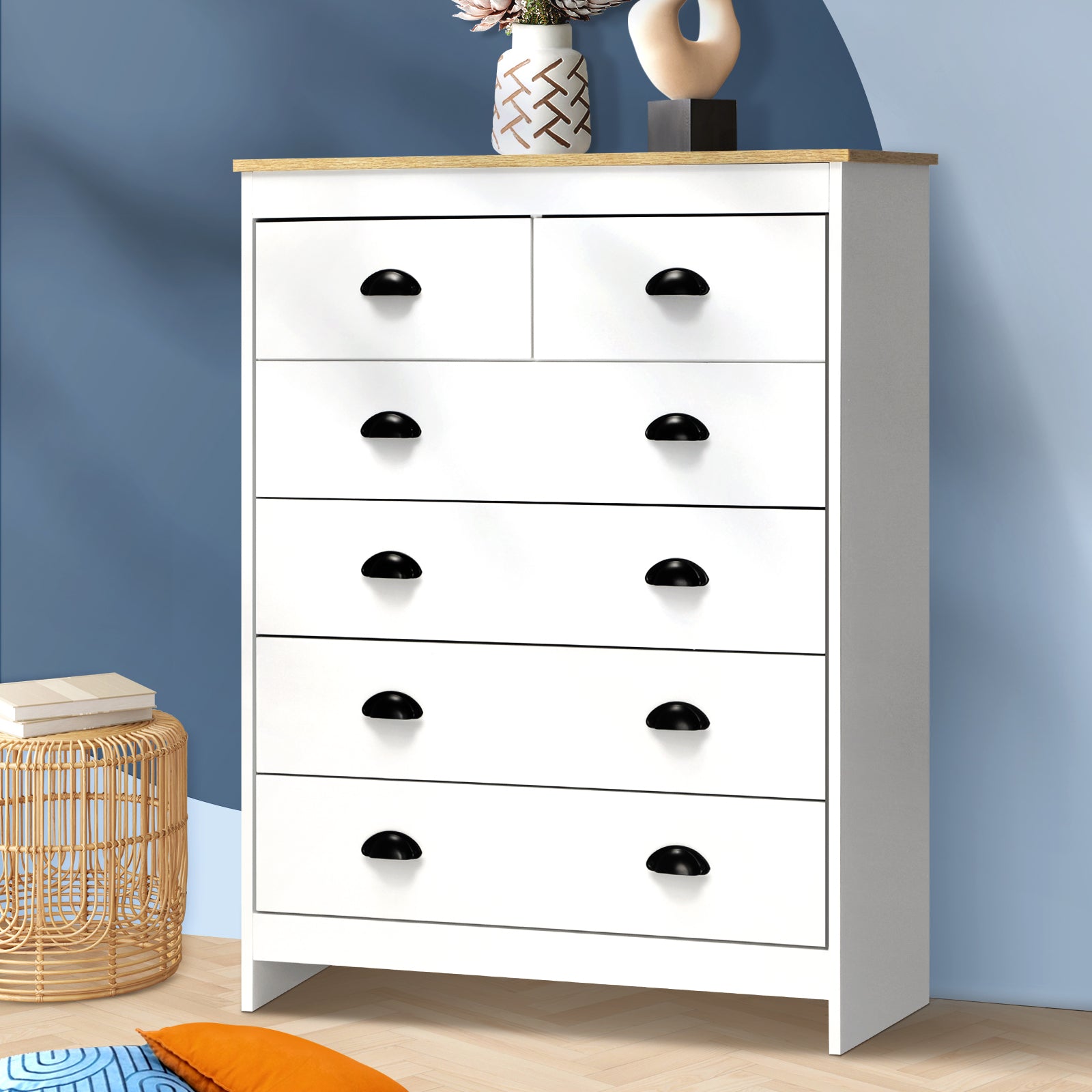 Oikiture White Chest of Drawers 6 Drawer Dresser Table Tallboy Storage Cabinet - Sunyee
