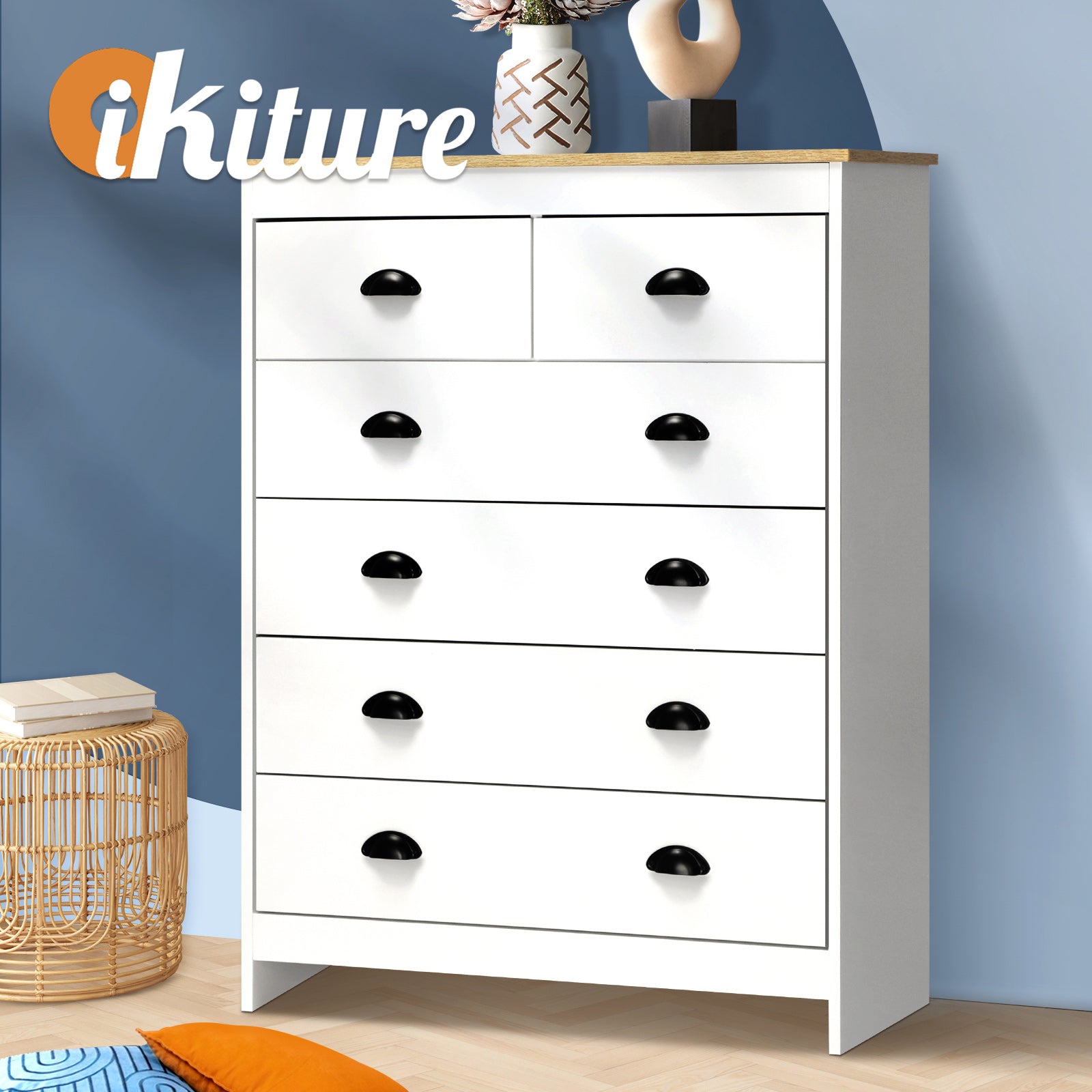Oikiture Tallboy 6 Chest of Drawers Dresser Table Storage Cabinet Bedroom White - Sunyee