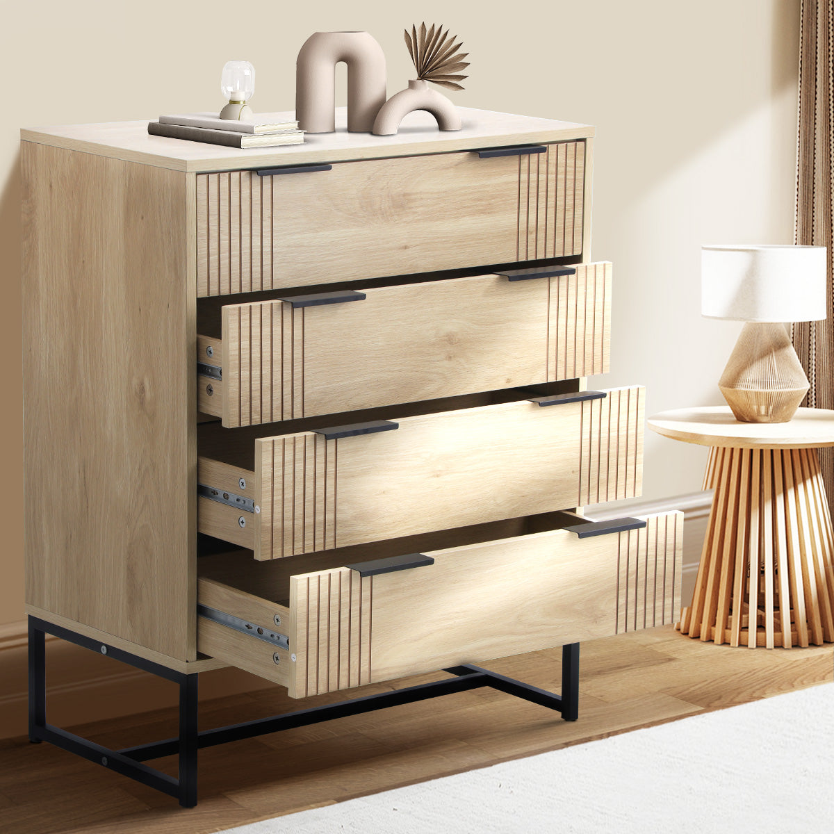 Oikiture 4 Chest of Drawers Storage Cabinet Dresser Table Lowboy Natural - Sunyee