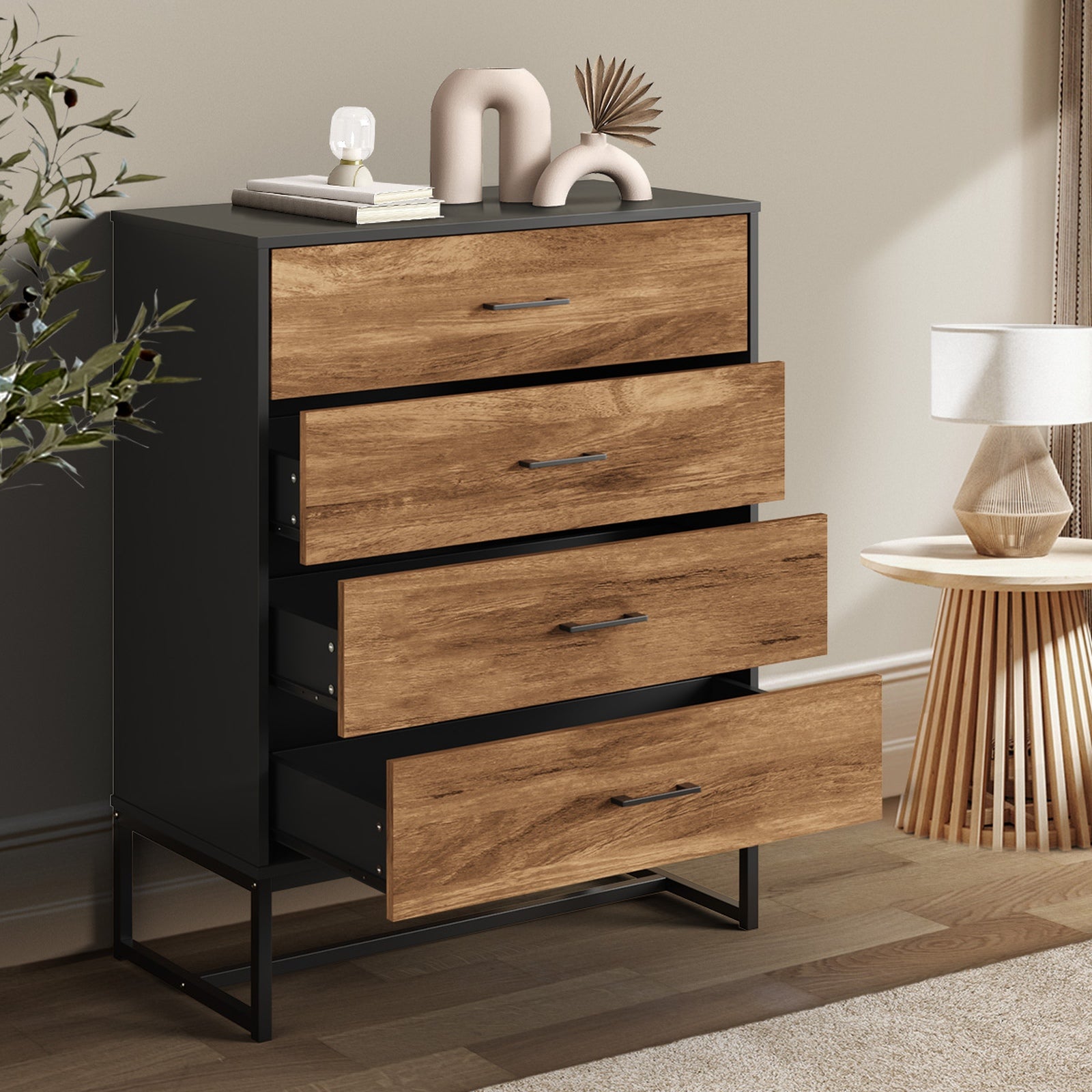 Oikiture 4 Chest of Drawers Storage Cabinet Dresser Table Tallboy Metal Black - Sunyee
