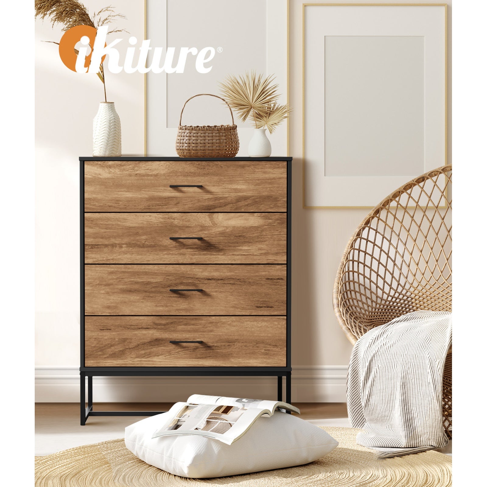 Oikiture 4 Chest of Drawers Storage Cabinet Dresser Table Tallboy Metal Black - Sunyee