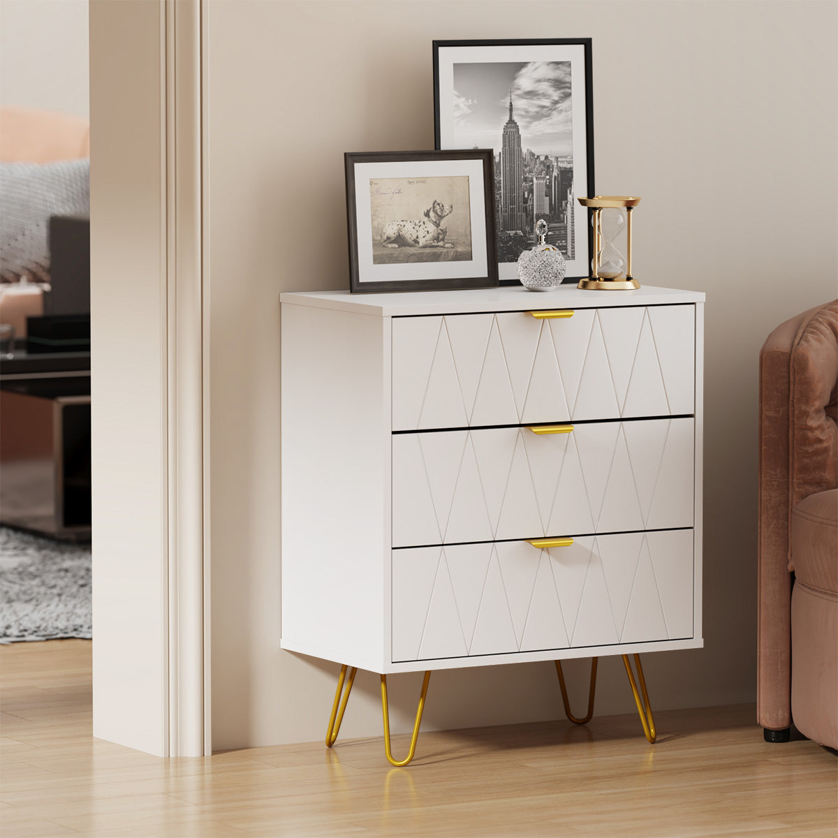 Oikiture 3 Chest of Drawers Gold Handles Dresser Lowboy Storage Cabinet White - Sunyee