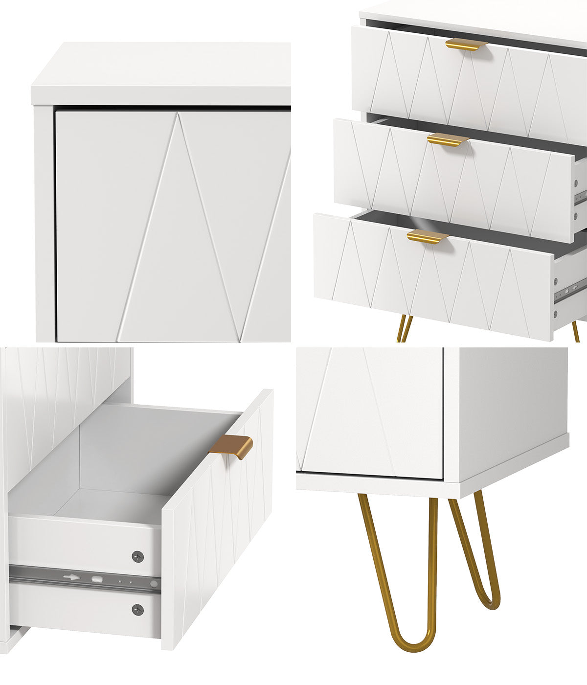 Oikiture 3 Chest of Drawers Gold Handles Dresser Lowboy Storage Cabinet White - Sunyee