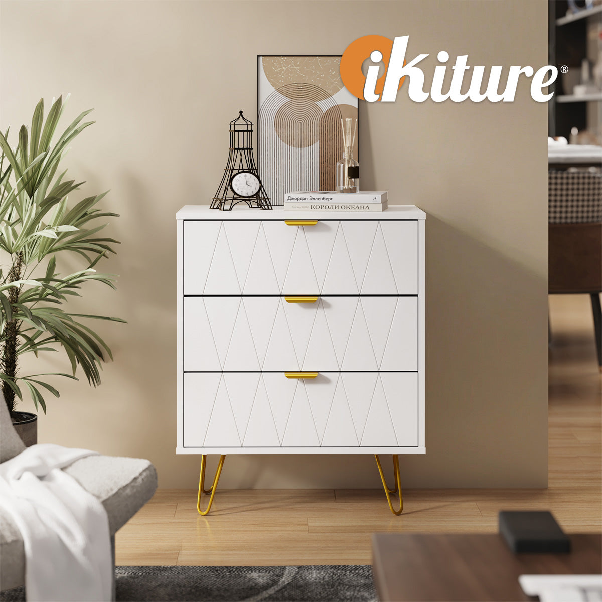 Oikiture 3 Chest of Drawers Gold Handles Dresser Lowboy Storage Cabinet White - Sunyee