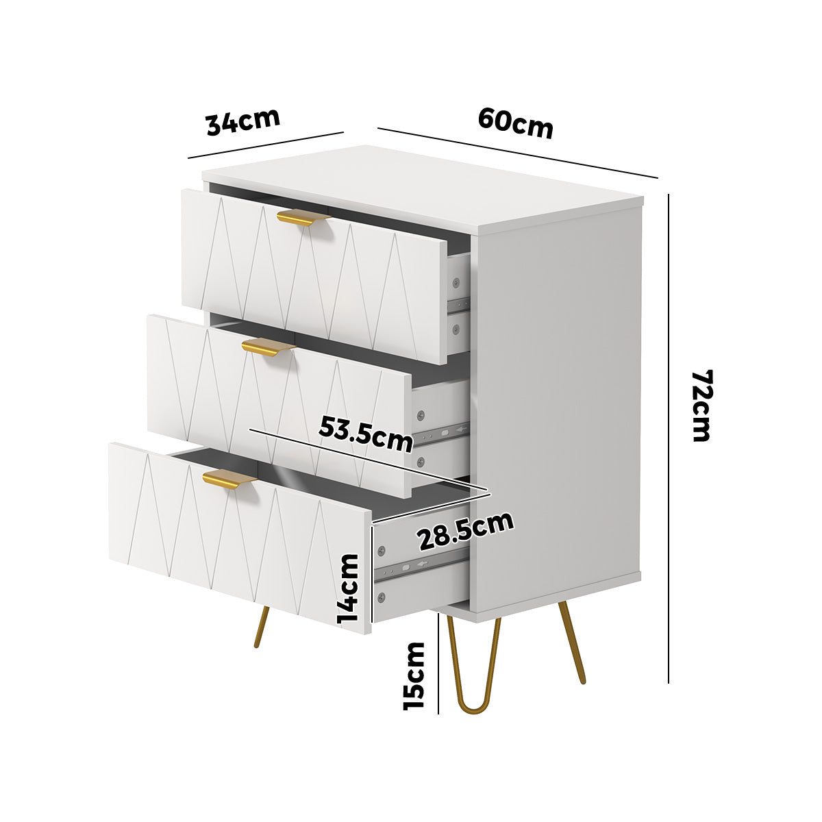 Oikiture 3 Chest of Drawers Gold Handles Dresser Lowboy Storage Cabinet White - Sunyee