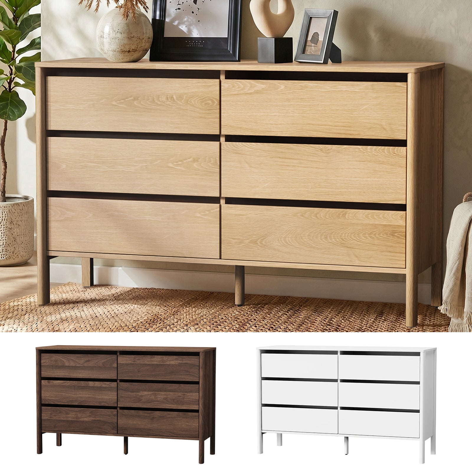 Oikiture 6 Chest Of Drawers Dresser Lowboy Storage Handle-Free Bedroom