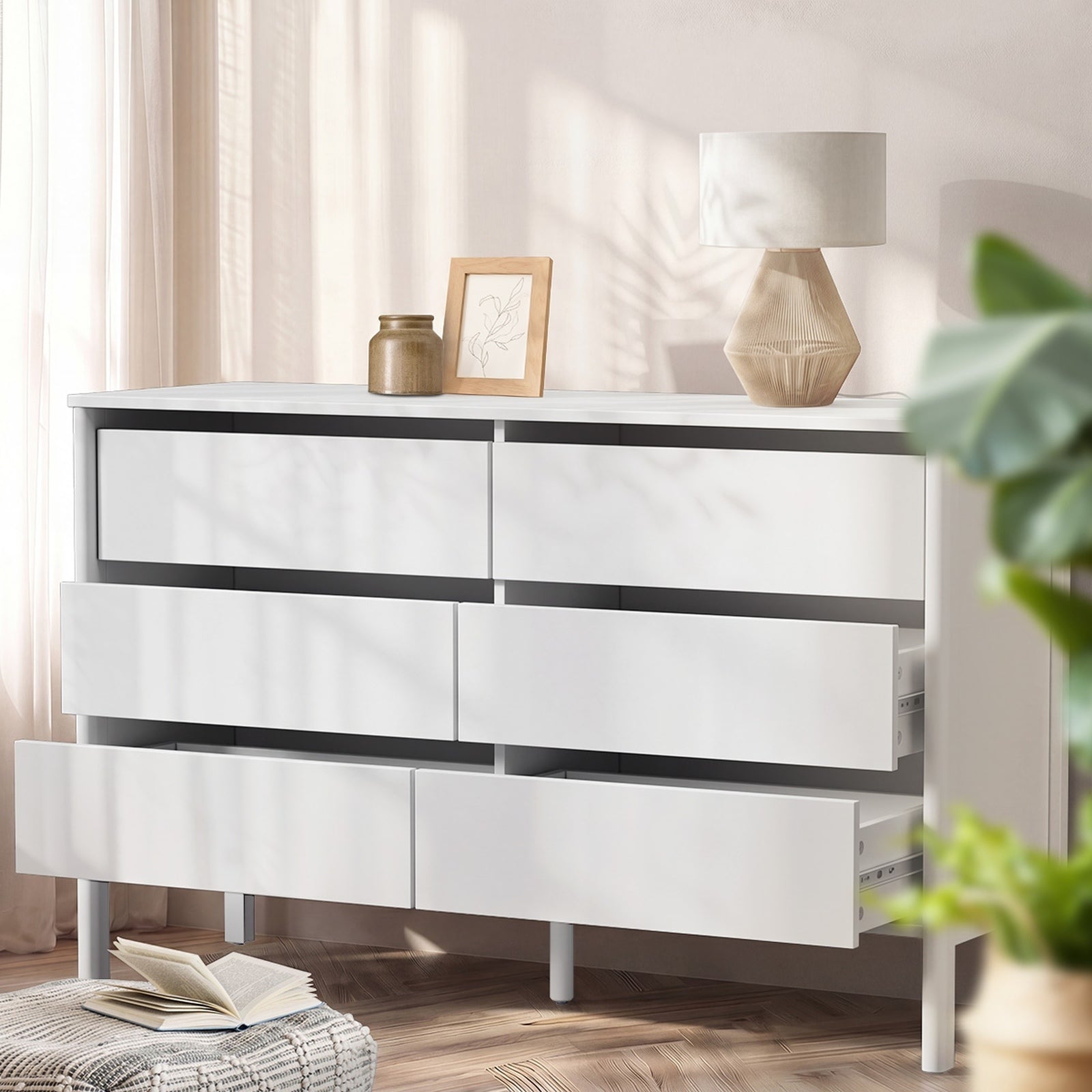 Oikiture 6 Chest Of Drawers Dresser Lowboy Storage Handle-Free Bedroom White
