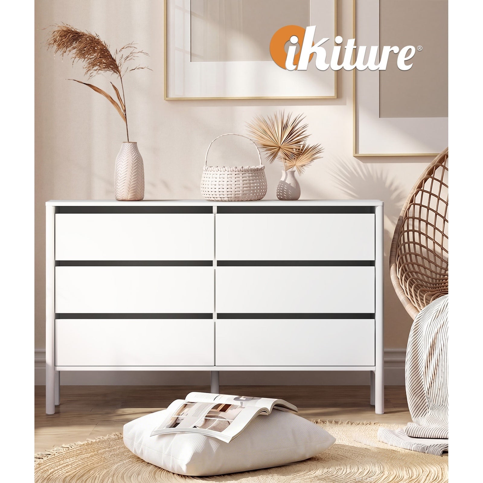 Oikiture 6 Chest Of Drawers Dresser Lowboy Storage Handle-Free Bedroom White
