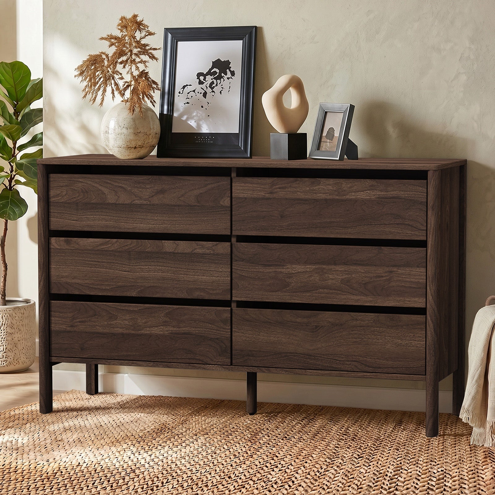 Oikiture 6 Chest Of Drawers Dresser Lowboy Storage Handle-Free Bedroom