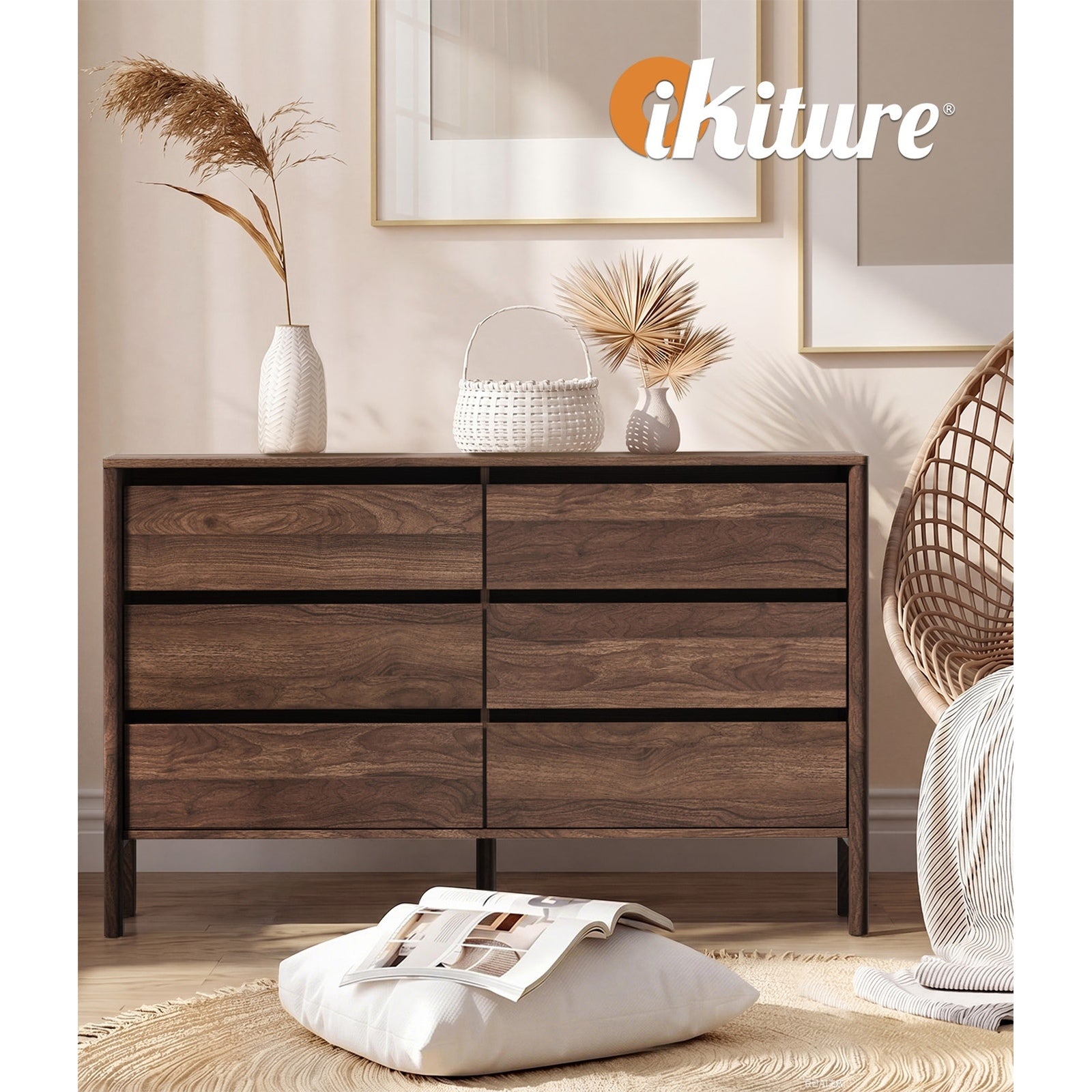 Oikiture 6 Chest Of Drawers Dresser Lowboy Storage Handle-Free Bedroom Walnut