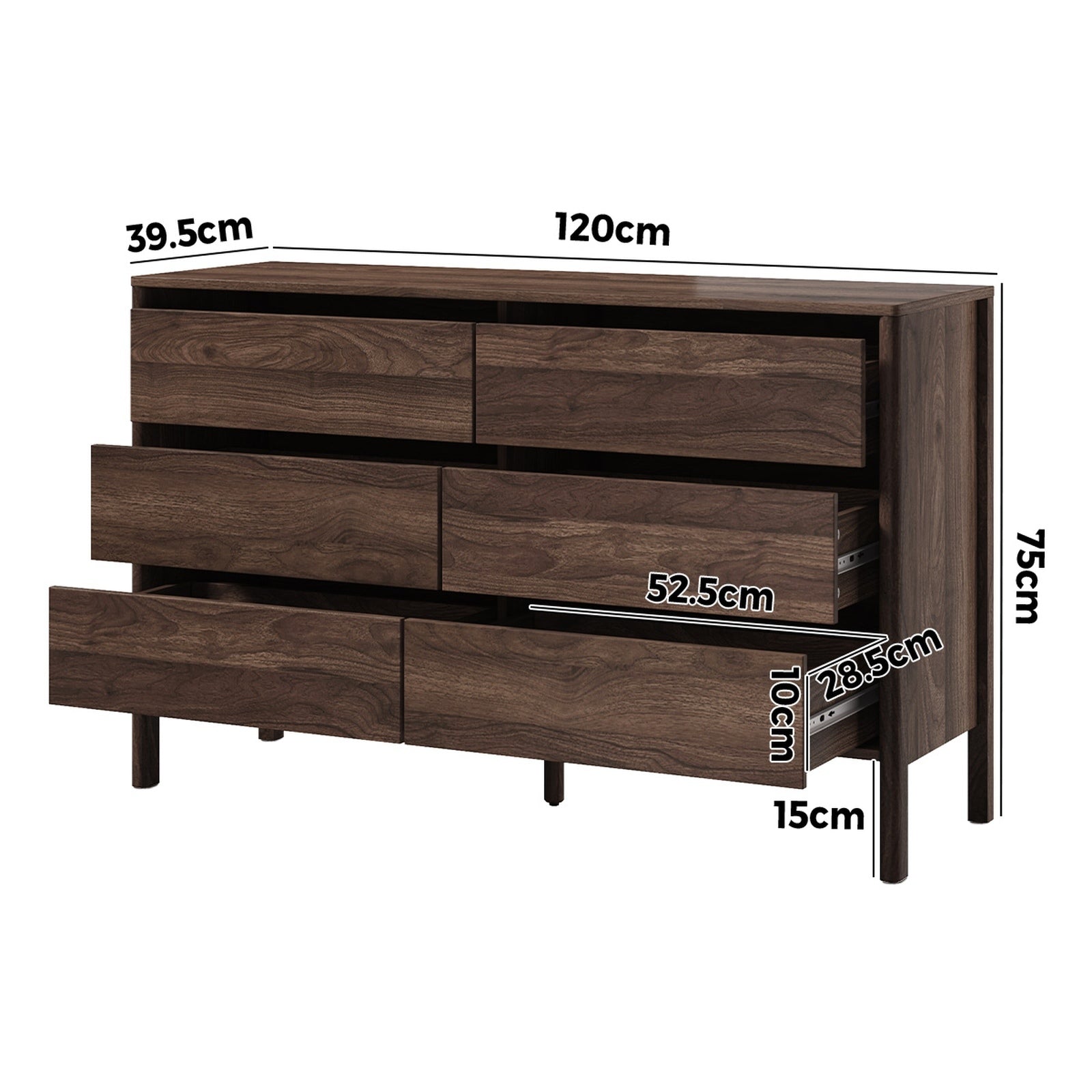 Oikiture 6 Chest Of Drawers Dresser Lowboy Storage Handle-Free Bedroom Walnut