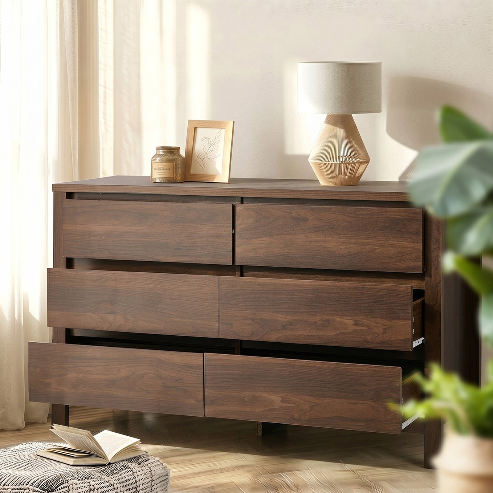 Oikiture 6 Chest Of Drawer Lowboy Dresser Storage Handle-Free Bedroom Walnut