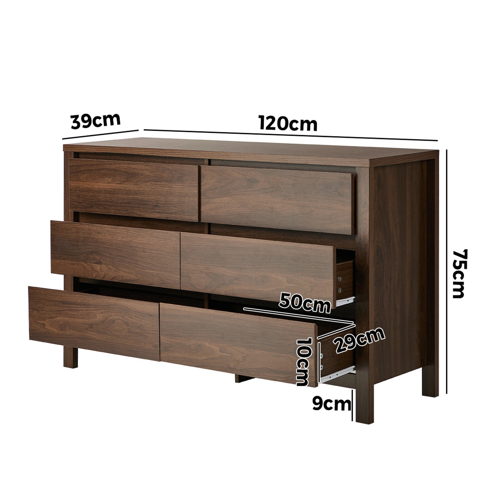 Oikiture 6 Chest Of Drawer Lowboy Dresser Storage Handle-Free Bedroom Walnut