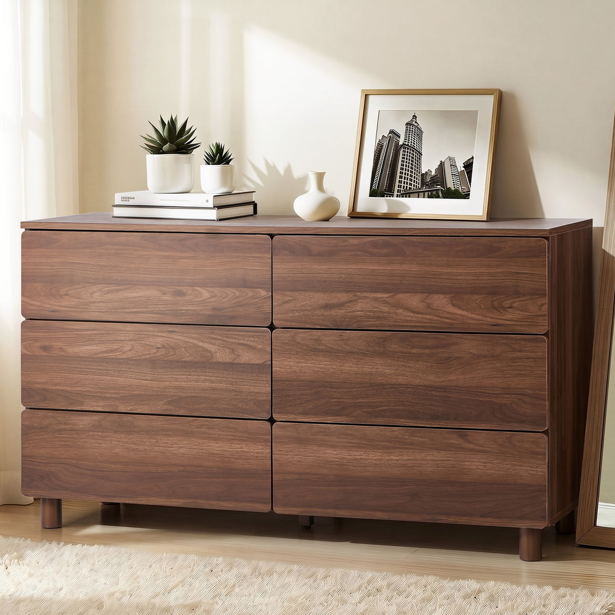 Oikiture 6 Chest of Drawers Lowboy Storage Dresser Hallway Bedroom Natural