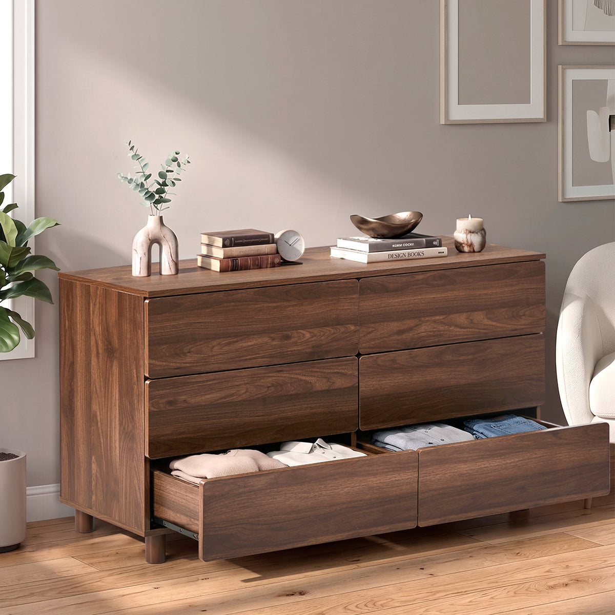 Oikiture 6 Chest of Drawers Lowboy Storage Dresser Hallway Bedroom Natural
