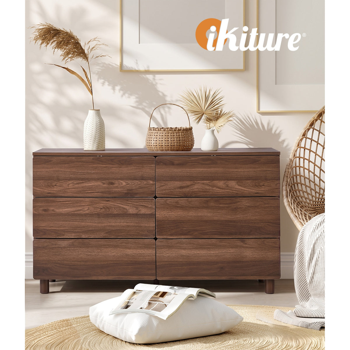 Oikiture 6 Chest of Drawers Lowboy Storage Dresser Hallway Bedroom Natural